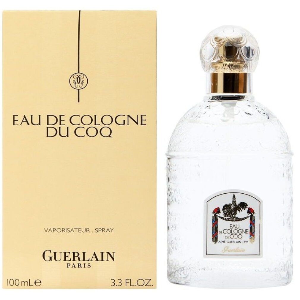 Flakon und Verpackung. Beige Verpackung mit Text. Flakon mit goldfarbenem Verschluss. Eau de Cologne du Coq.