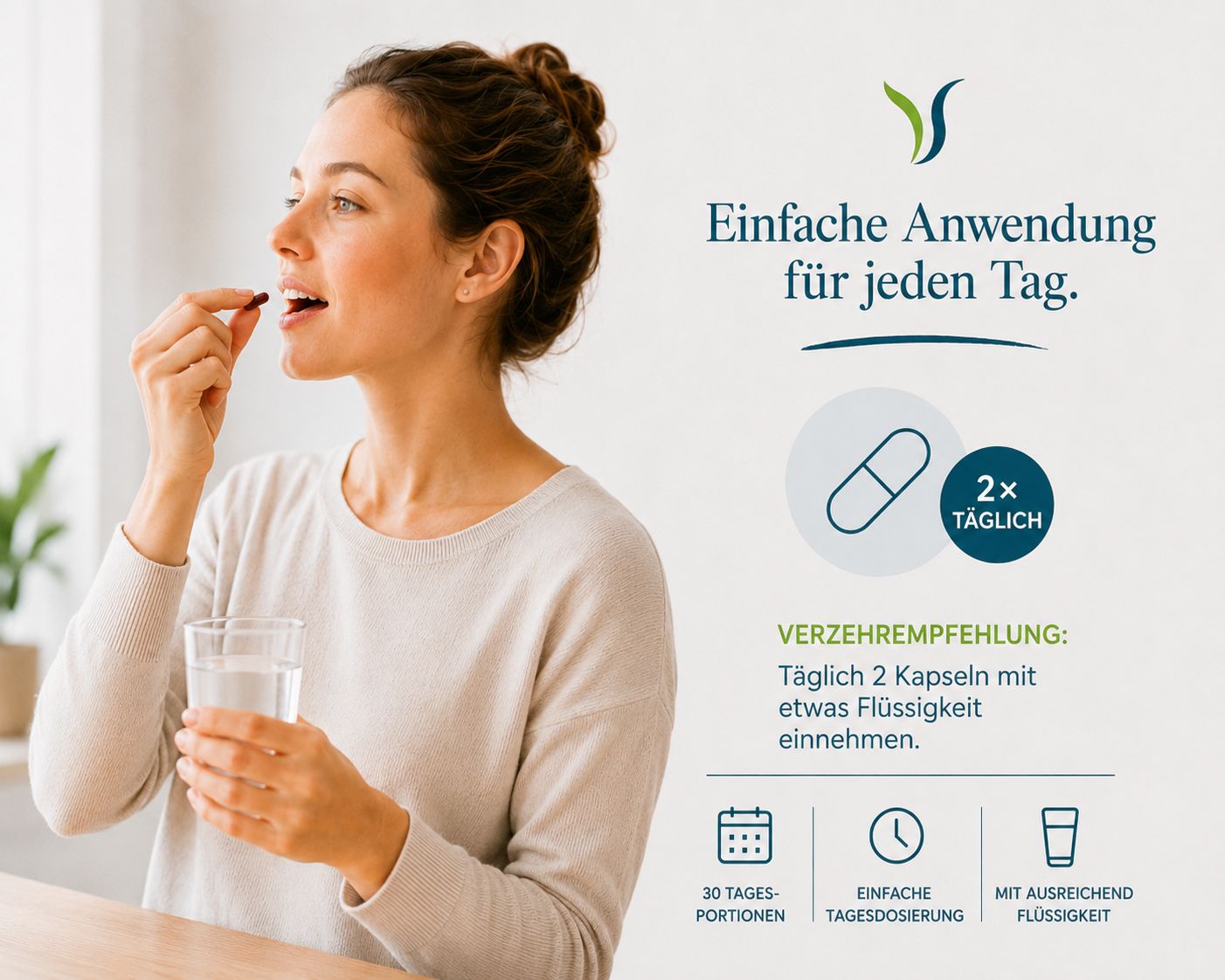 Vitalsee OMEGA 3 ALGA opus magnum Behälter neben einem Glas Wasser und einer Frau, die eine Kapsel einnimmt.