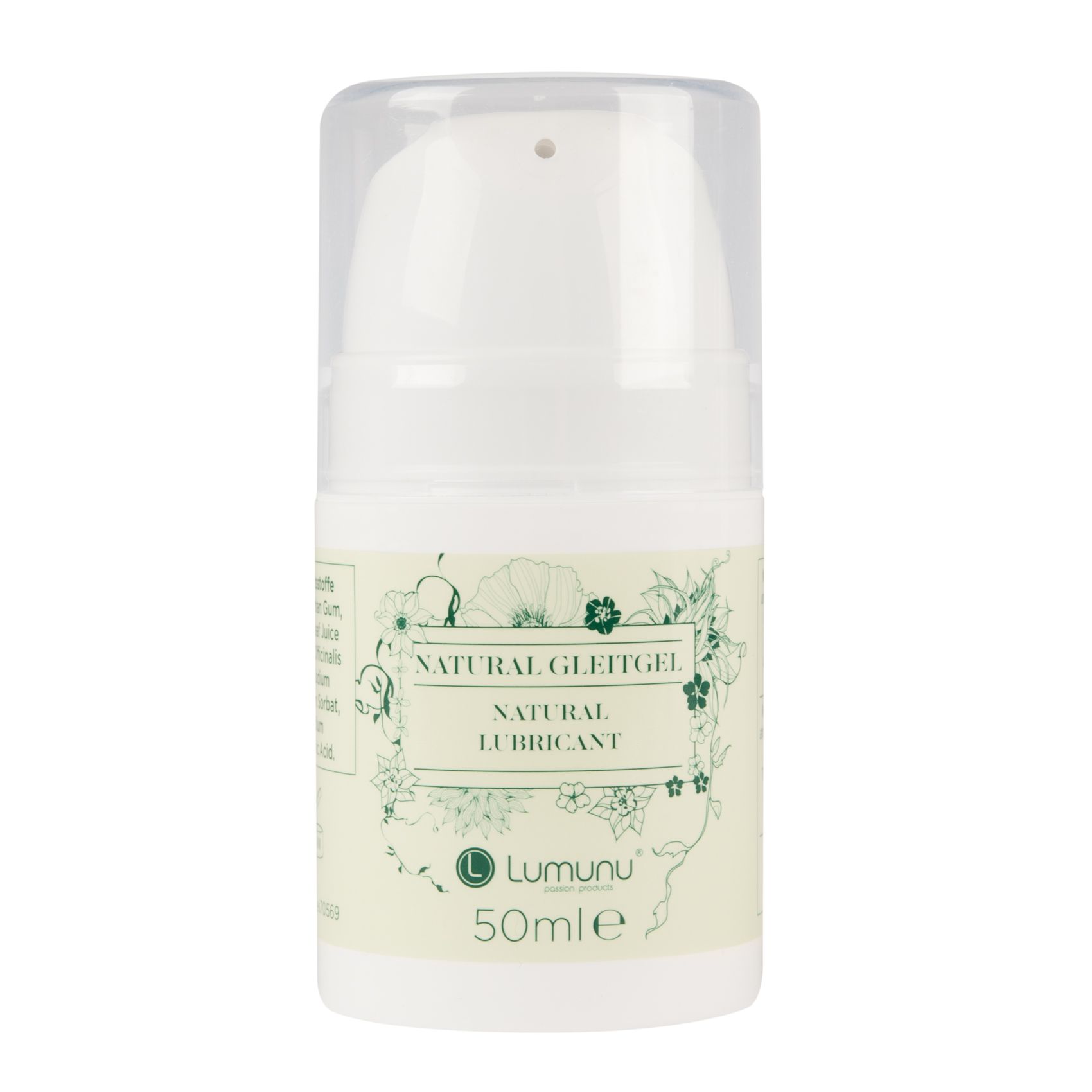 Weißer Spender mit Aufschrift NATURAL GLEITGEL, NATURAL LUBRICANT und Lumunu Logo. 50ml.