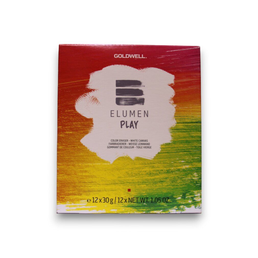 Goldwell Elumen Play-Verpackung. Box mit Produktnamen und Inhaltsangaben. 12 x 30g Packungen.