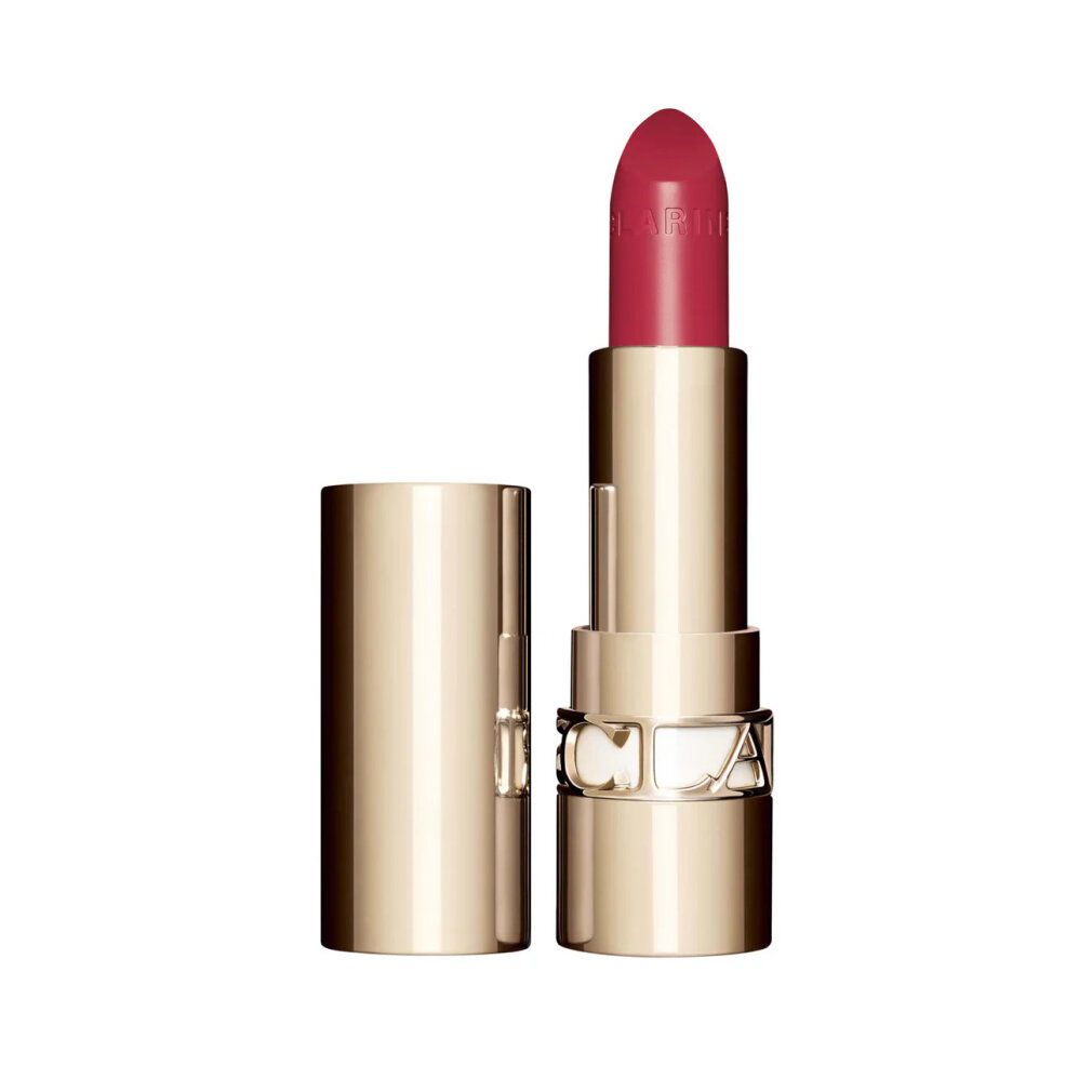 Offener Lippenstift. Goldfarbene Hülse, rosa Lippenstift. Auf der Hülse: CLARINS.