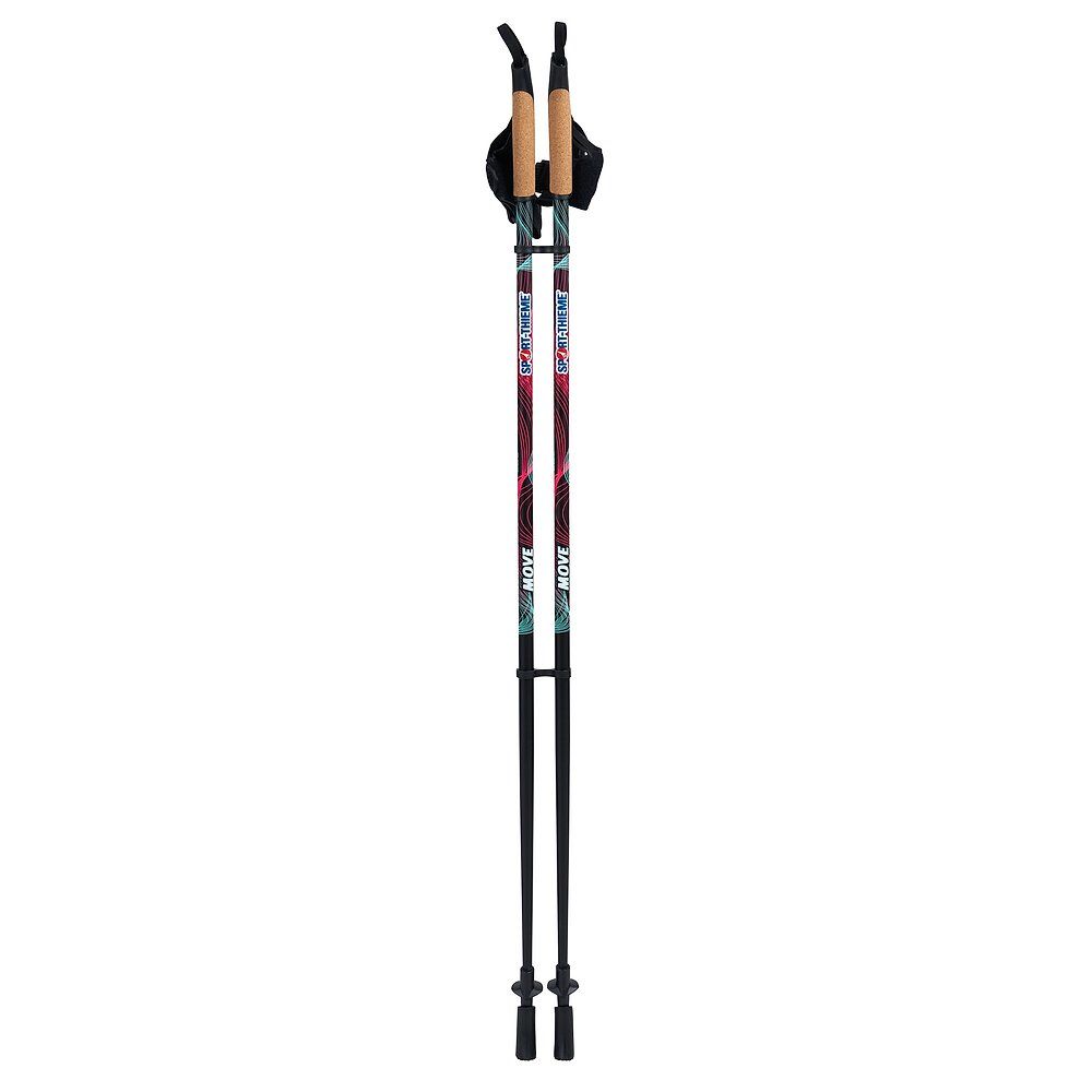 Zwei Nordic-Walking-Stöcke. Schwarze Stangen mit roten und grünen Mustern. Griffe aus Kork. Handschlaufen. Schwarze Spitzen.