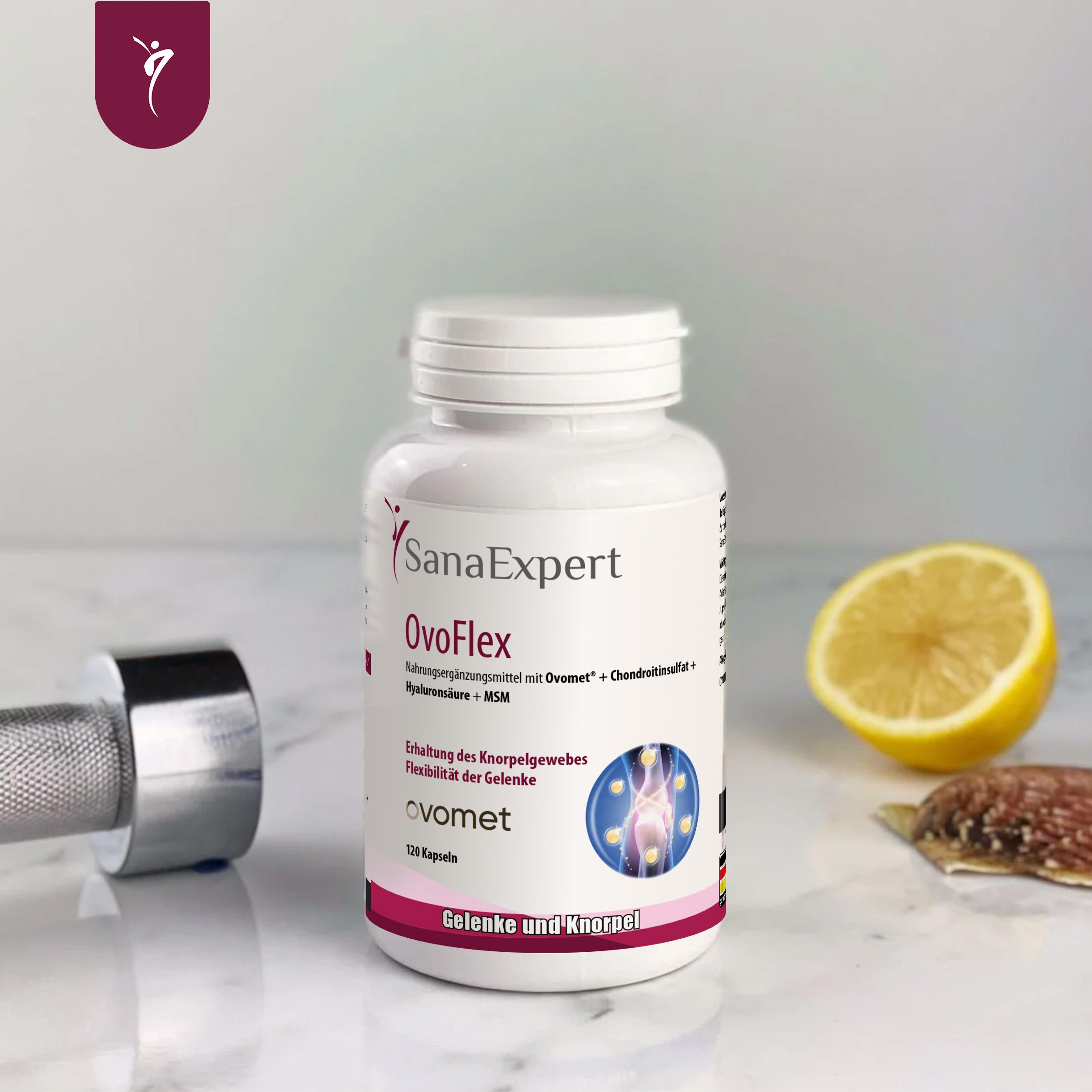 Weißes SanaExpert OvoFlex-Behälter mit Kapseln, Zitrone und Hantel. Text: Ovomet, Chondroitinsulfat, MSM, Hyaluronsäure.