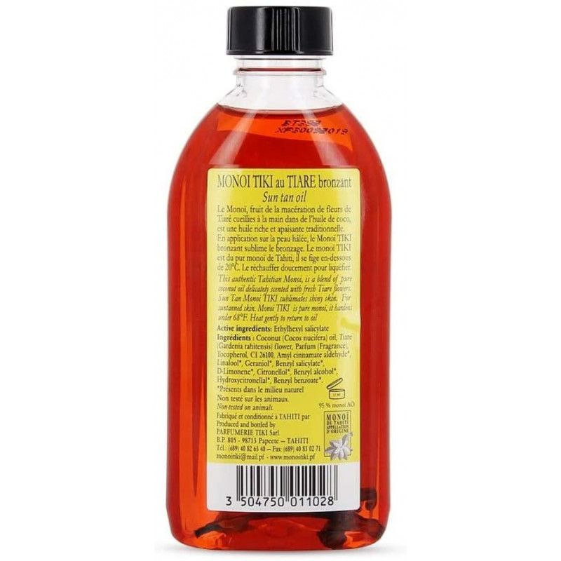 Rückseite einer Sonnenölflasche. Rote Flüssigkeit. Etikett mit Text: Monoi Tiki Tahiti, Tiare, Sonnenbräunungsöl. Inhaltsstoffe.