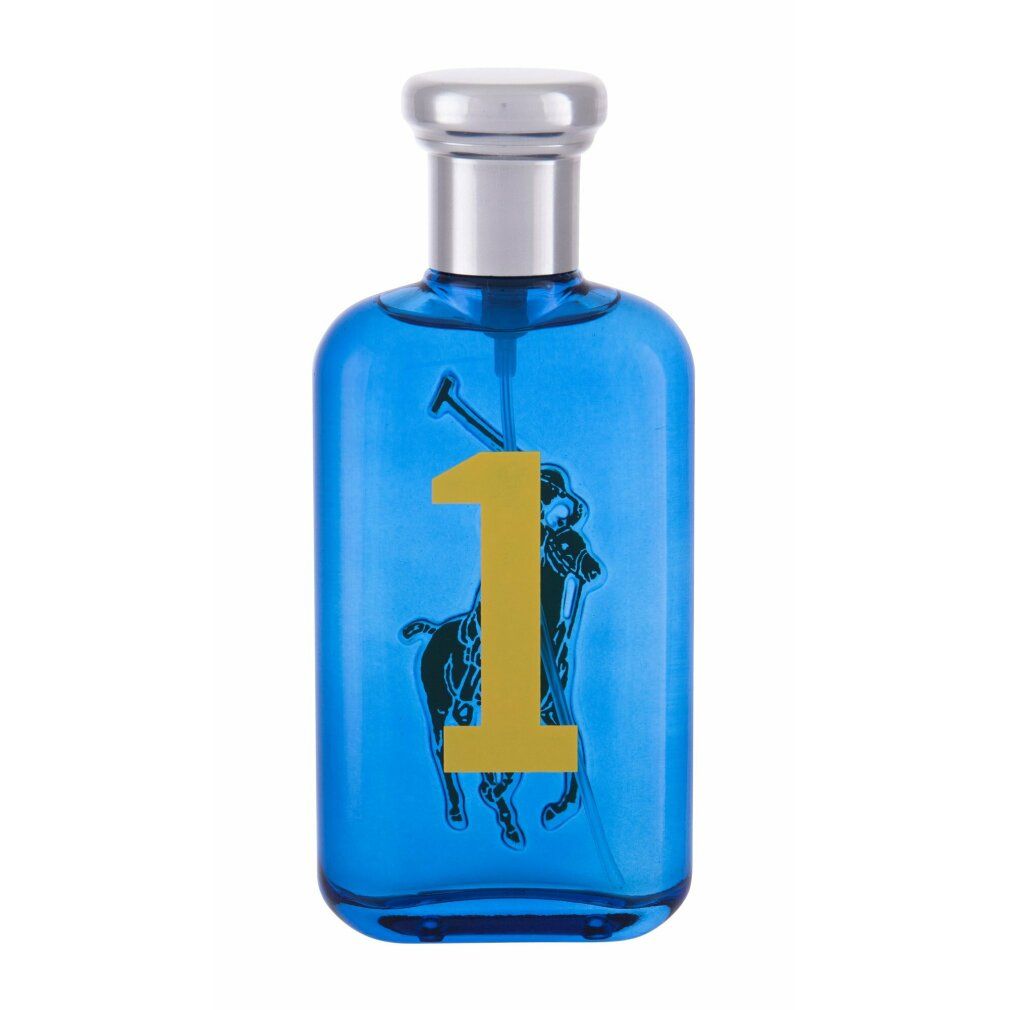 Blaues Parfümflakon mit silbernem Verschluss. Gelbe "1" und Logo mit Reiter und Pferd.