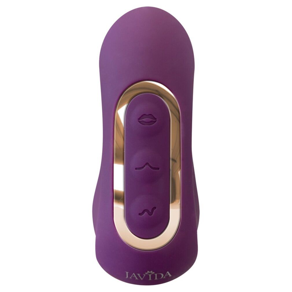 Lila Vibrator mit Klopffunktion und Klitorissauger. Bedienfeld mit Symbolen für Funktionen.