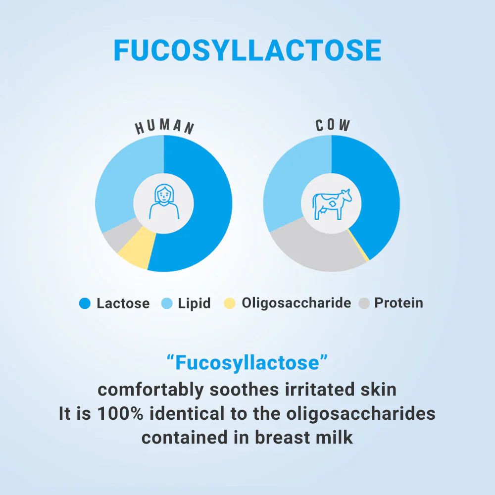 Kreisdiagramme: Lactose, Lipide, Oligosaccharide, Protein. Text: Fucosyllactose beruhigt irritierte Haut.