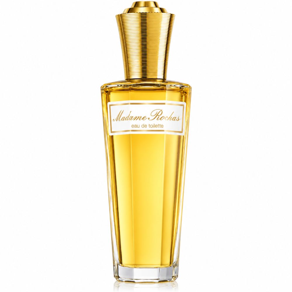 Rochas Madame Eau de Toilette Flakon mit goldenem Verschluss und gelbem Inhalt.