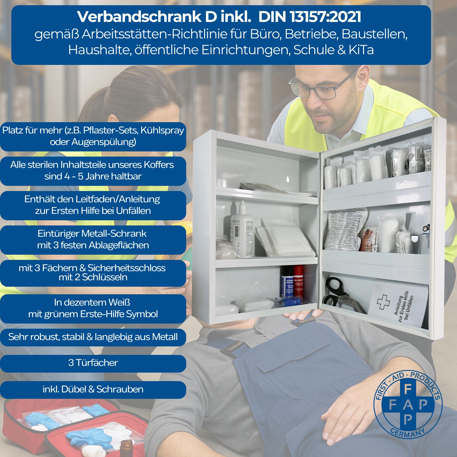 Verbandschrank D mit Inhalt. Metallschrank, 3 Fächer, Schloss. Erste-Hilfe-Materialien.