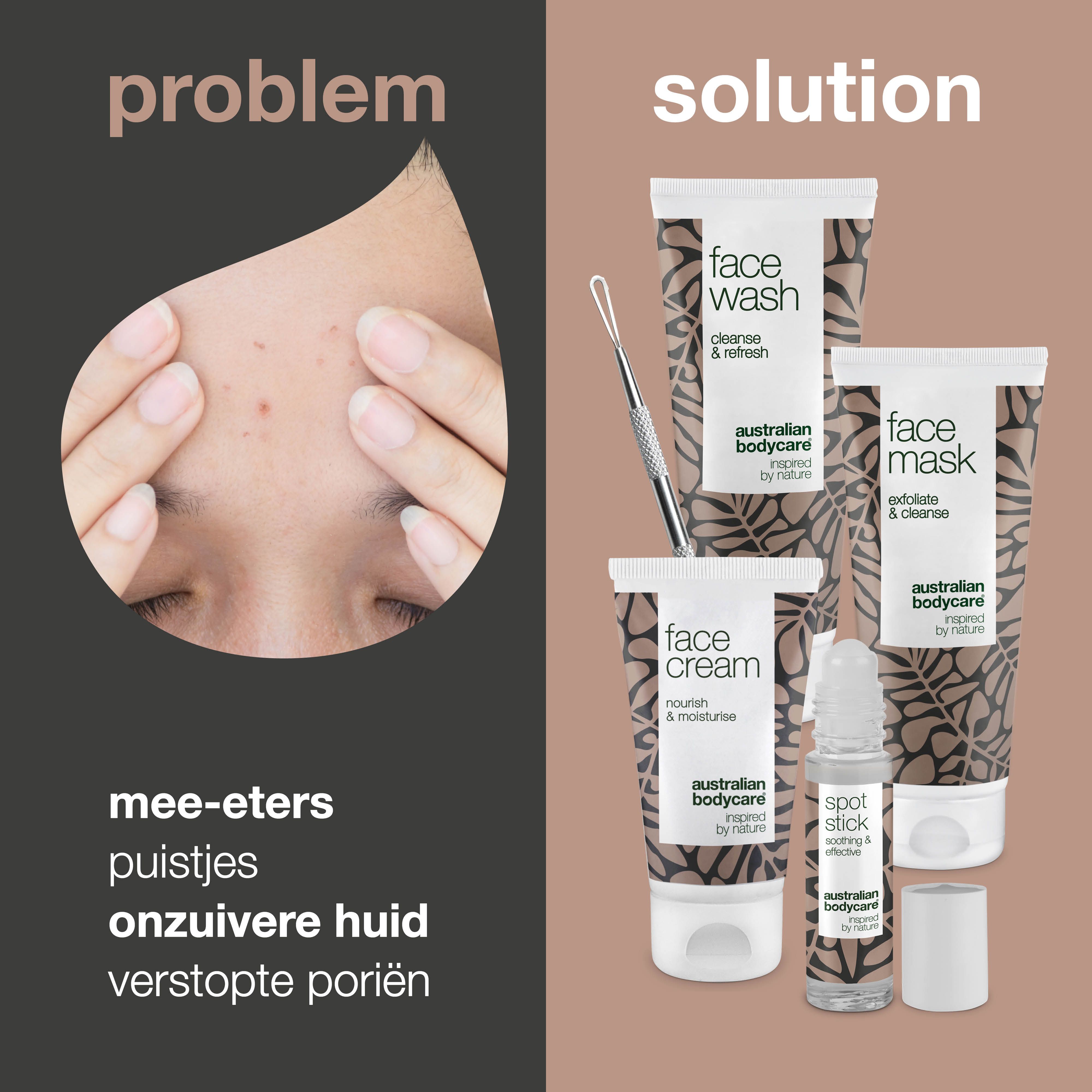 Gezicht met puistjes. Producten: reiniger, masker, crème, stick en tool. Australian Bodycare.