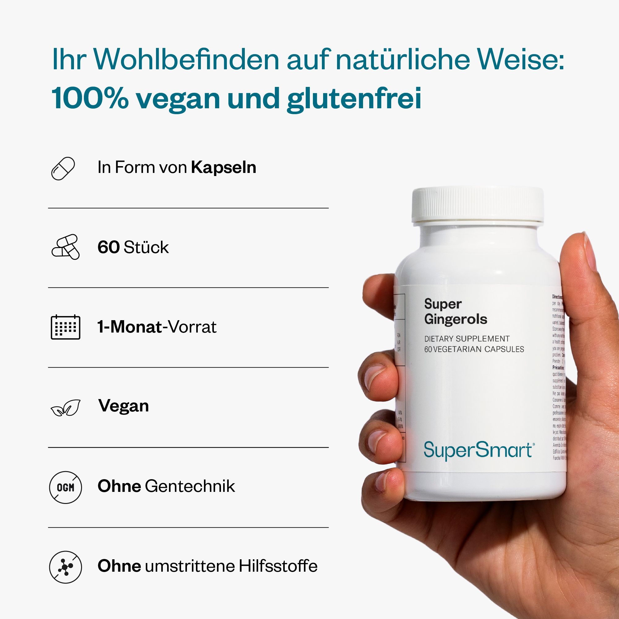 Hand hält eine weiße Flasche Super Gingerols. 60 Kapseln. 100% vegan und glutenfrei. Marke SuperSmart.