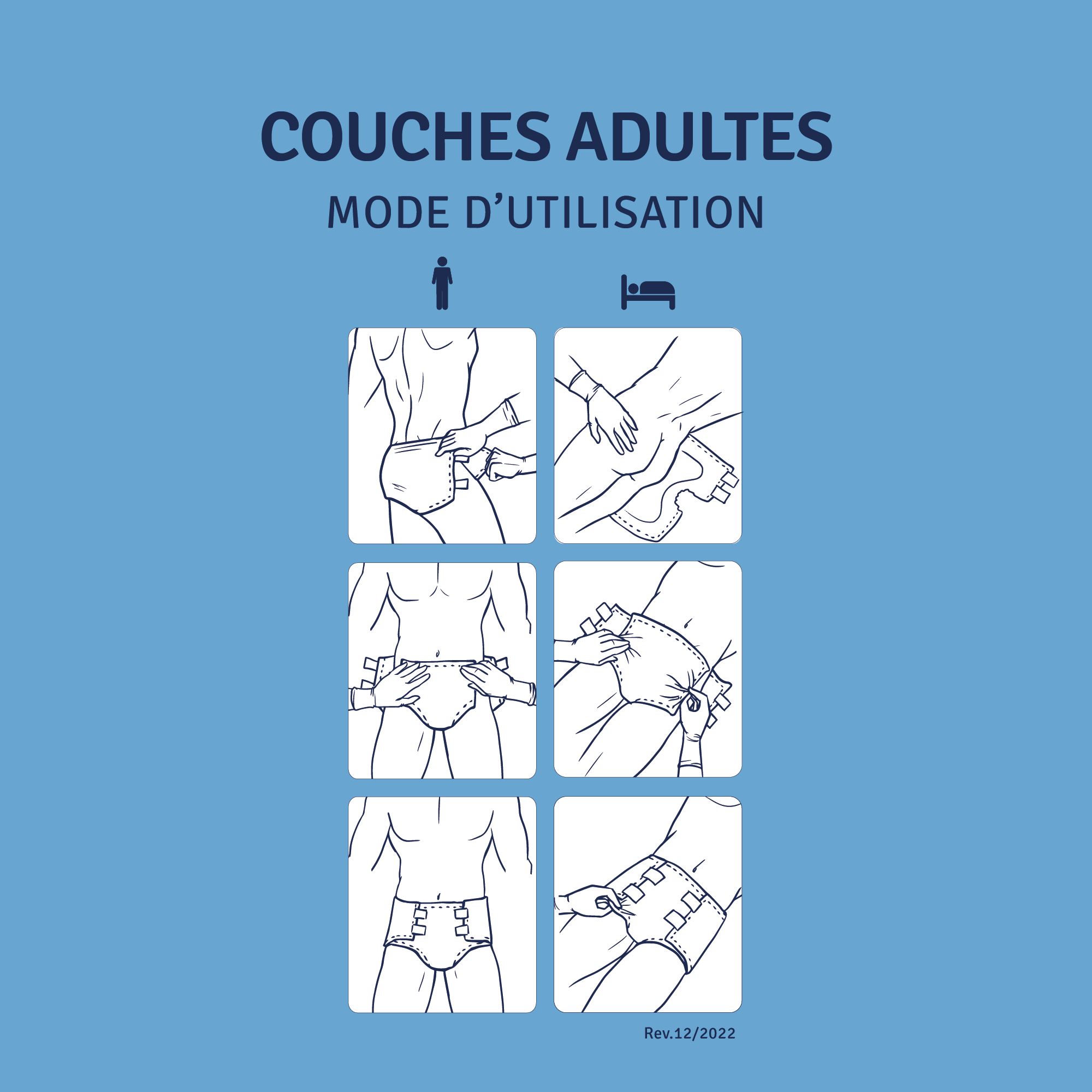 Instructions d'utilisation des couches pour adultes. Six illustrations montrent les étapes d'application.