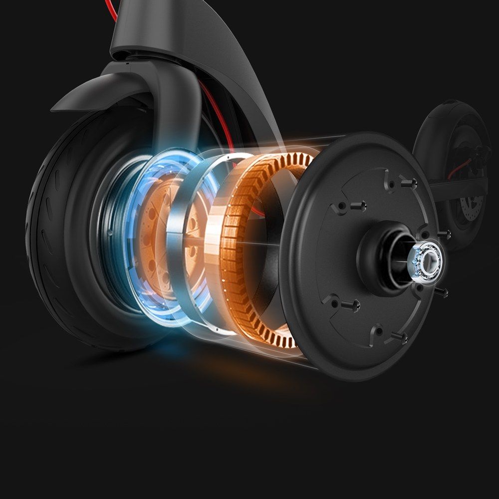 Explosionszeichnung des Motors eines E-Scooters, der das Innenleben des Hinterrads zeigt.