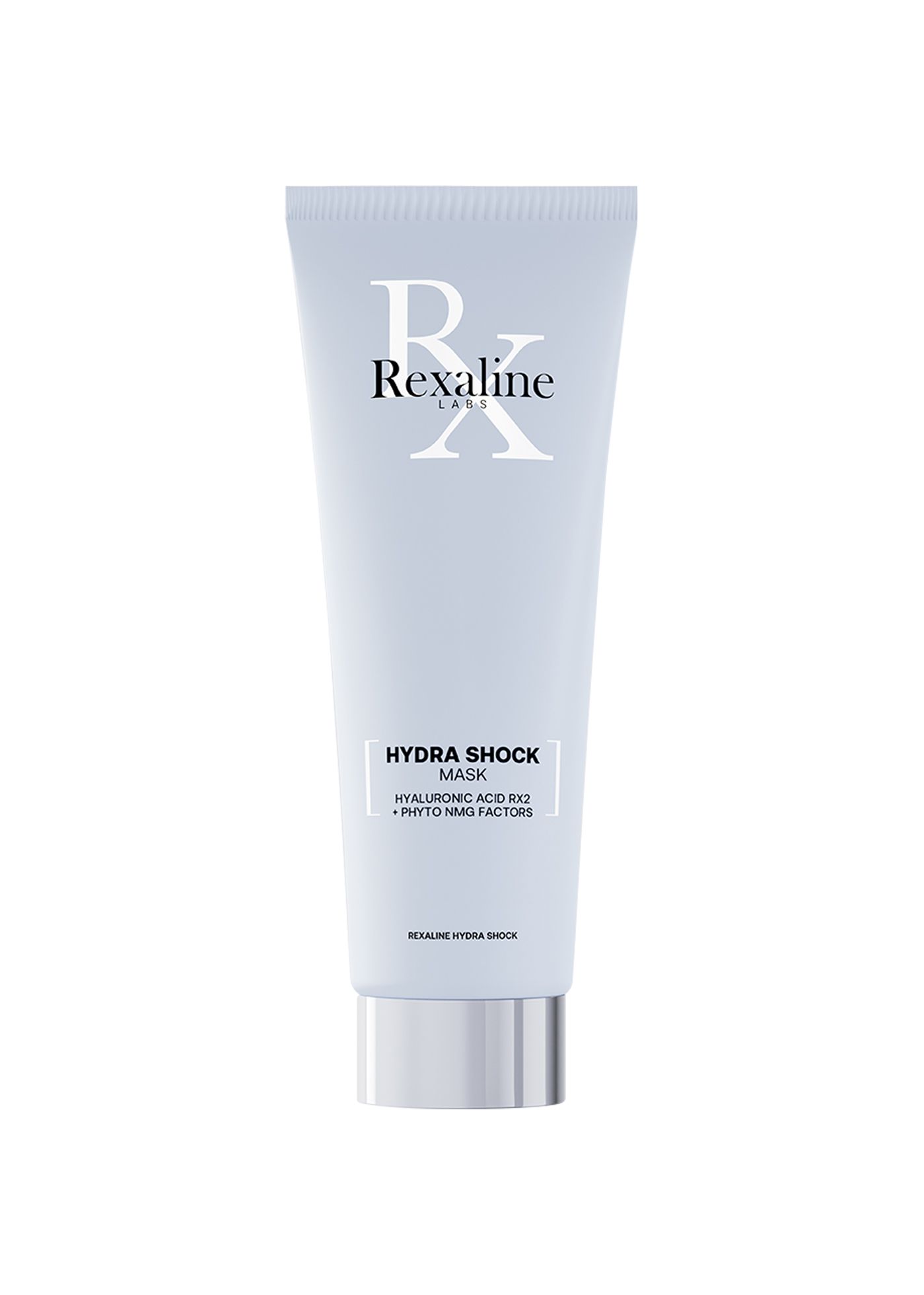 Hellblaue Tube mit silbernem Verschluss. Aufschrift: Rexaline, Hydra Shock Mask. Enthält Hyaluronsäure und Phyto NMG Faktoren.