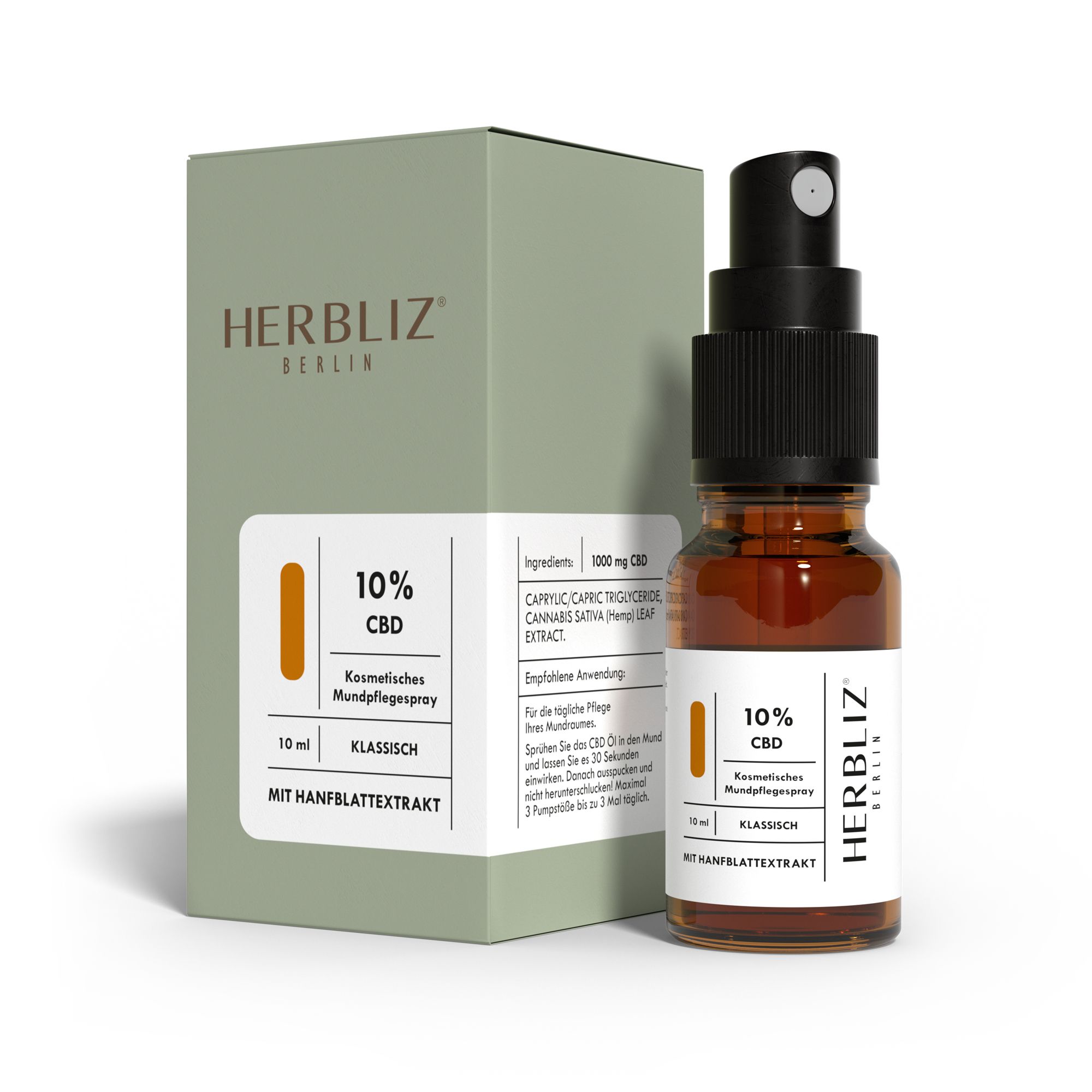 Braune Glasflasche mit schwarzem Sprühkopf und Karton. Aufschrift: HERBLIZ, 10% CBD, Klassisch.