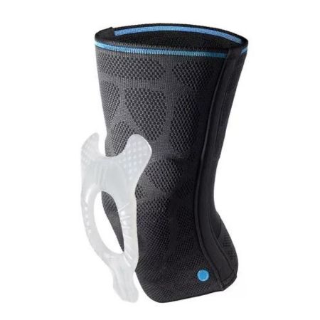 Schwarze Kniebandage mit weißem Kunststoffteil. Blaue und schwarze Details. Mesh-Material.