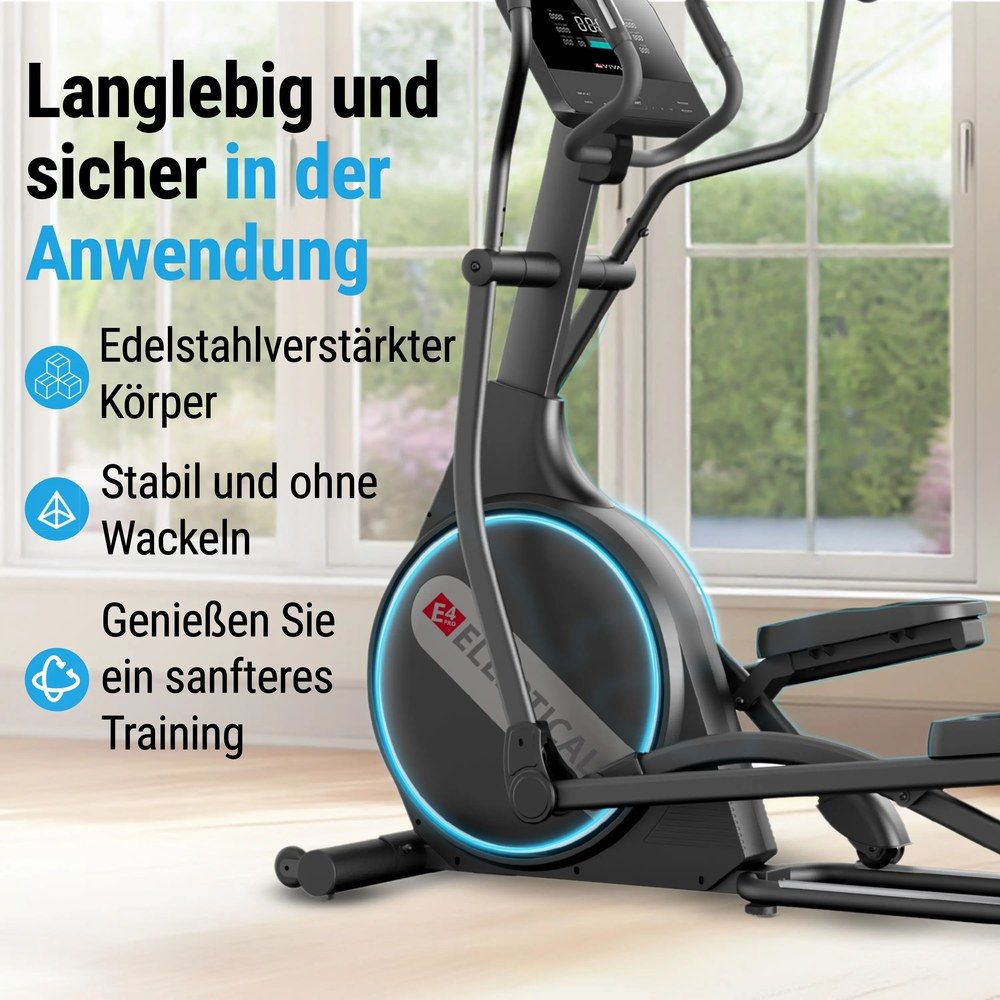 Schwarzer Crosstrainer mit Display und Text über Langlebigkeit und Sicherheit.