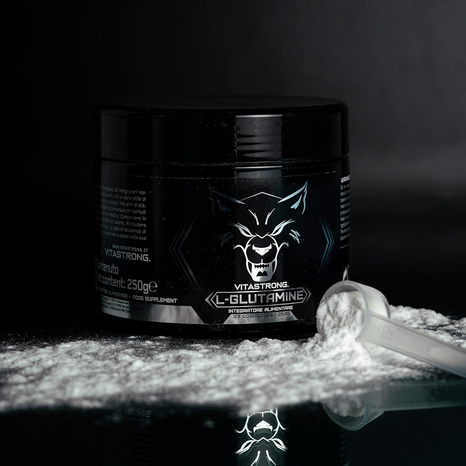 Vitastrong L-Glutamin-Behälter mit Text in französischer Sprache. Aufschrift: L-Glutamin, 250g.