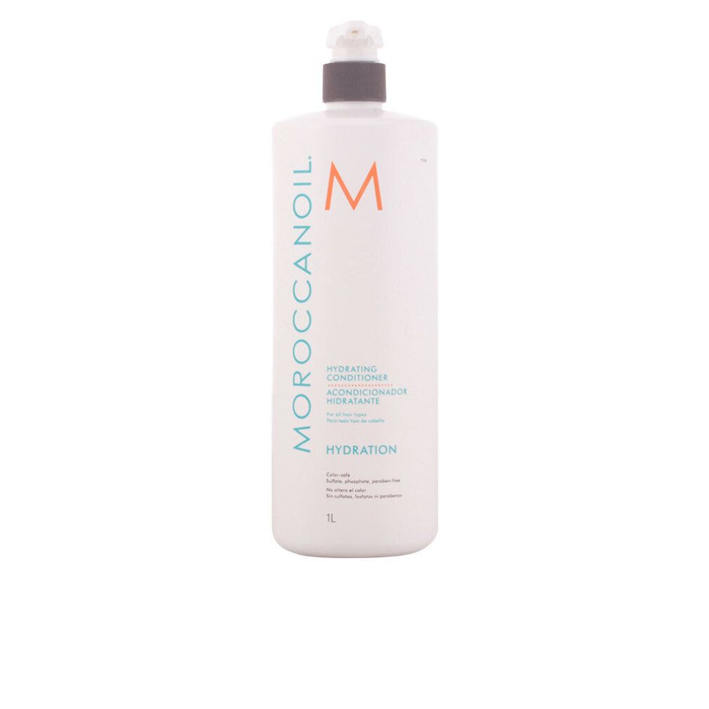Hohe, weiße Flasche mit Pumpe. Aufschrift: Moroccanoil, Hydration Conditioner. Orangefarbenes Logo. 1 Liter.