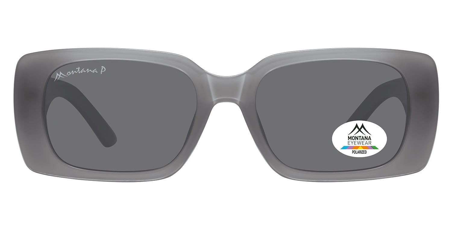 Graue Sonnenbrille mit rechteckigen Gläsern. Montana Eyewear Logo auf dem Bügel. Polarisiert-Aufkleber auf dem Glas.