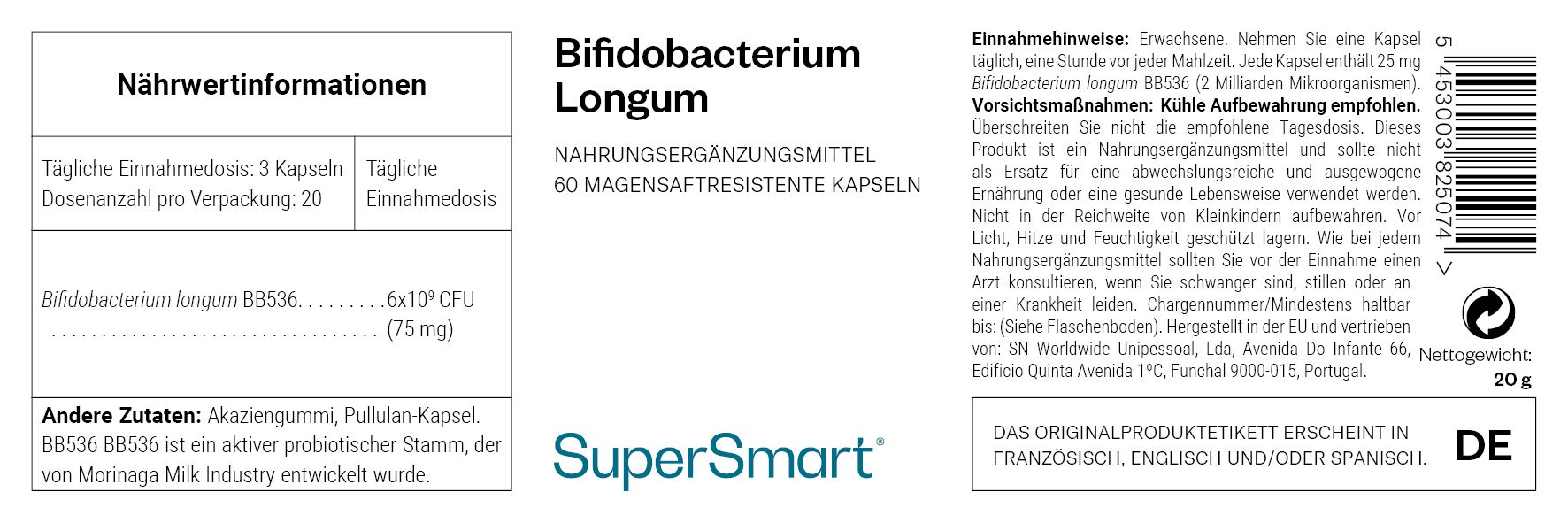 Etikett mit Nährwertinformationen und Inhaltsstoffen von Bifidobacterium longum. Marke: SuperSmart. Enthält 60 magensaftresistente Kapseln.
