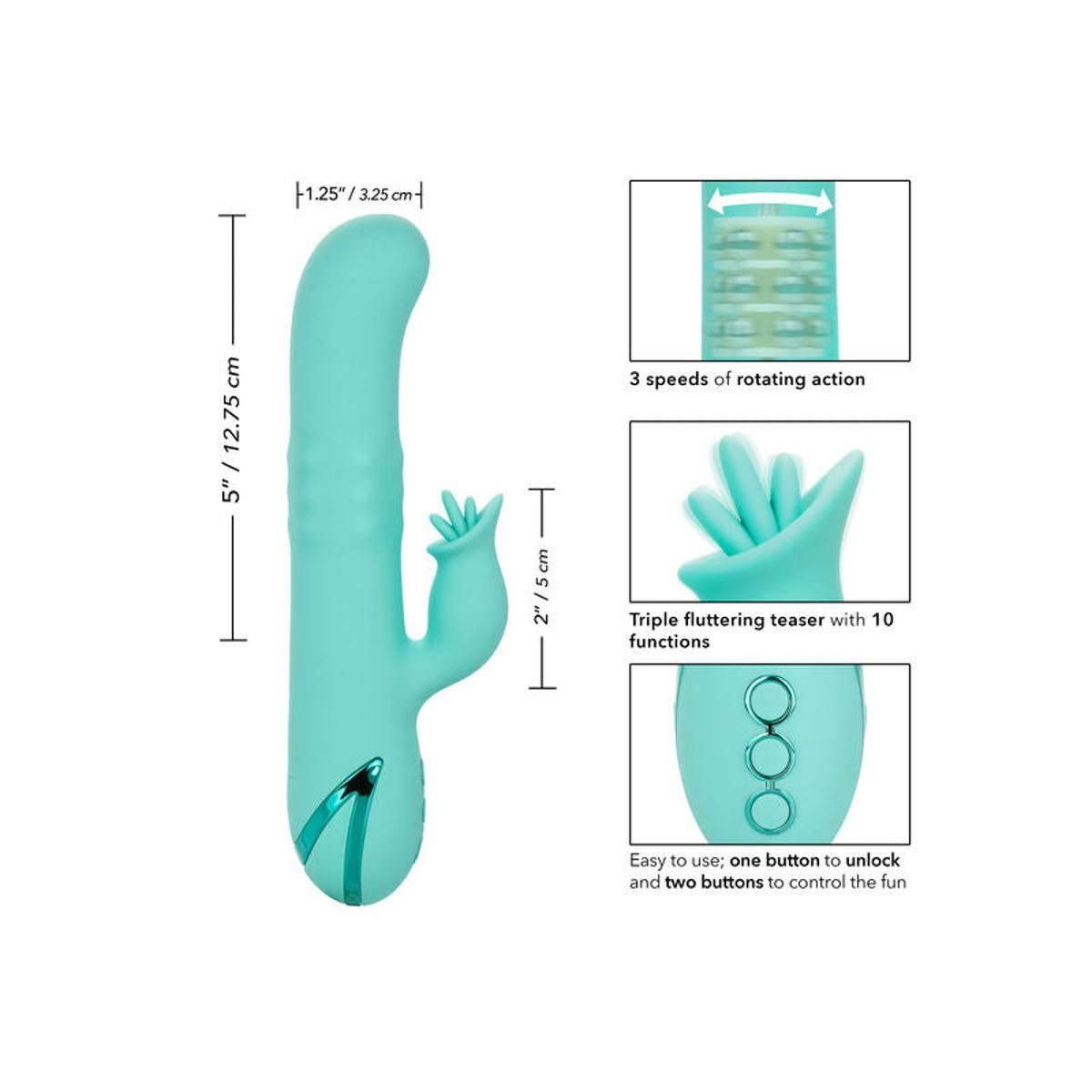 Türkisfarbener Vibrator mit Maßangaben. Enthält Detailansichten der Funktionen.