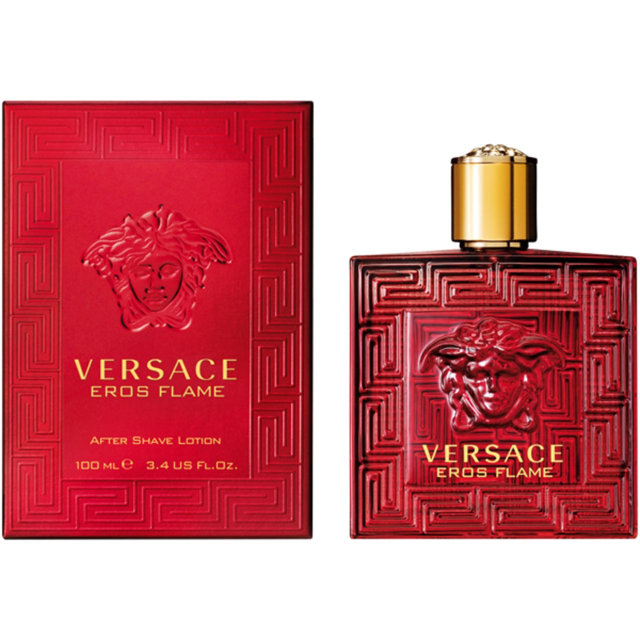 Rote Schachtel und Flasche. Aufschrift: VERSACE EROS FLAME After Shave Lotion. Medusa-Logo.