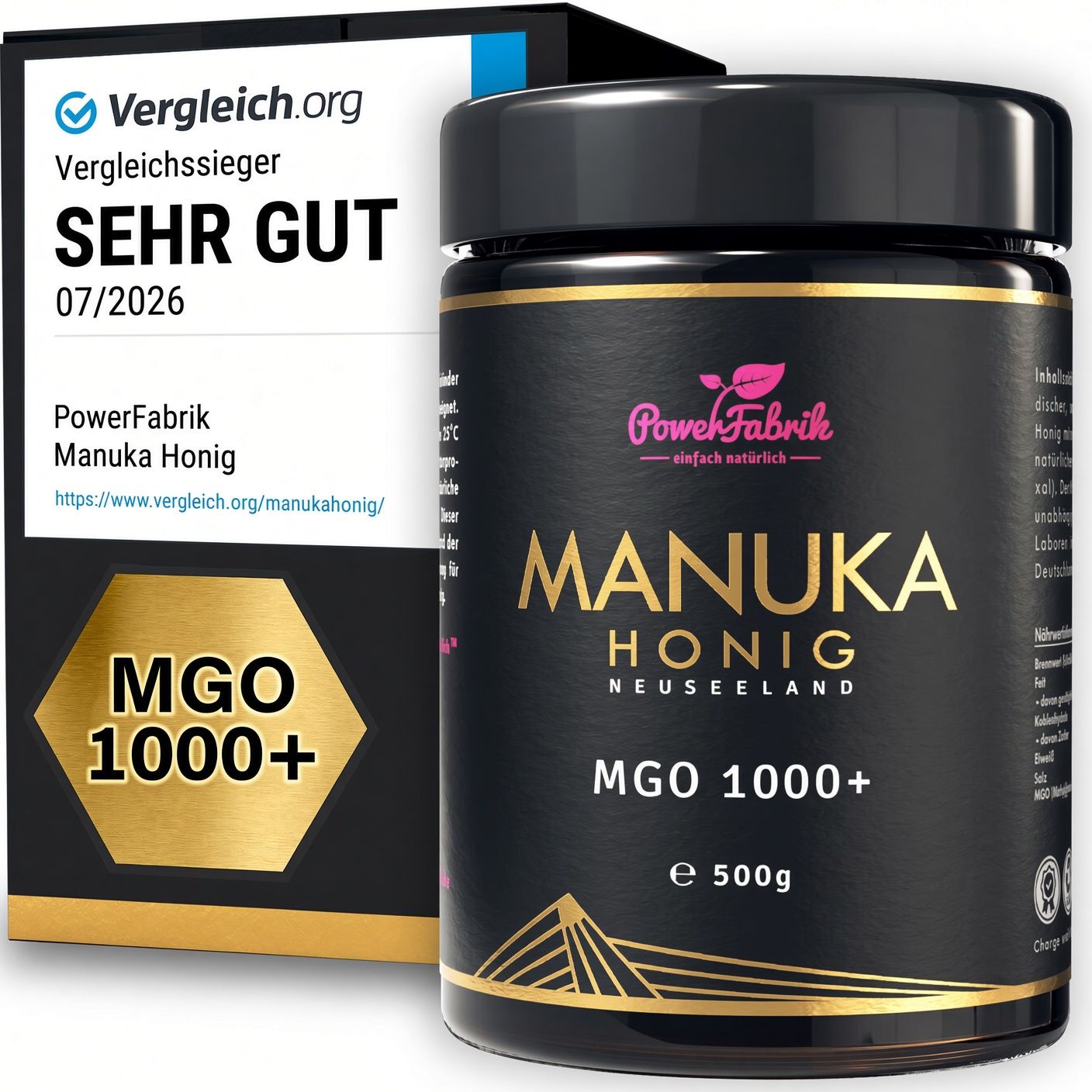 PowerFabrik Manuka Honig MGO 1000+ in schwarzer Dose mit goldener Schrift. Daneben eine Verpackung mit Siegel "Vergleich.org SEHR GUT".