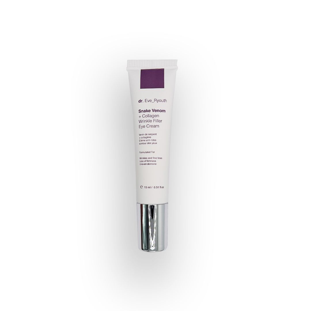 Tube Augencreme mit silbernem Verschluss. Weißes Tube mit lila Akzenten und Produktinformationen. Auf weißem Hintergrund.