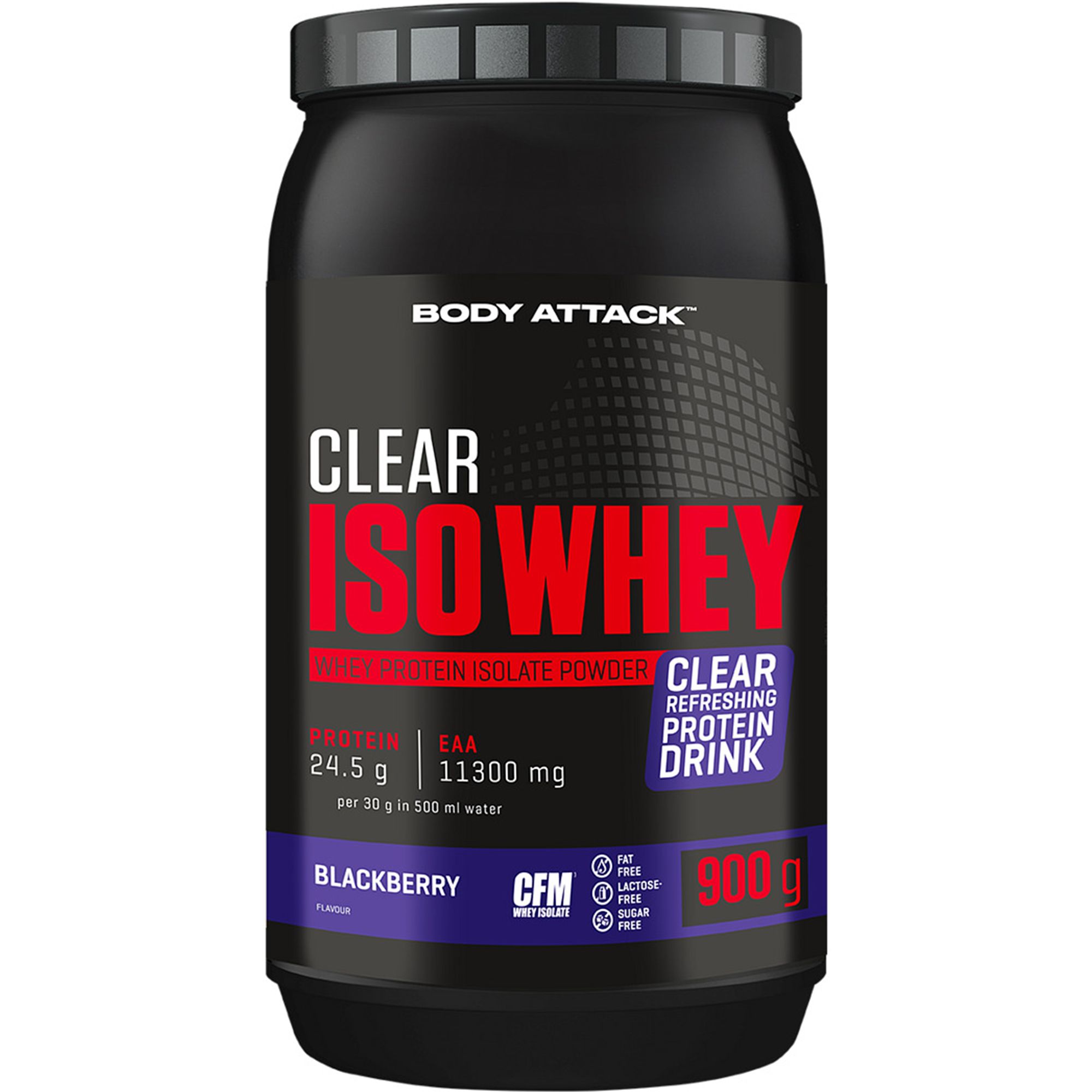Schwarze Dose mit rotem "CLEAR ISO WHEY"-Schriftzug. Enthält 900 g. "Blackberry"-Geschmack. "CFM"-Qualitätszeichen.