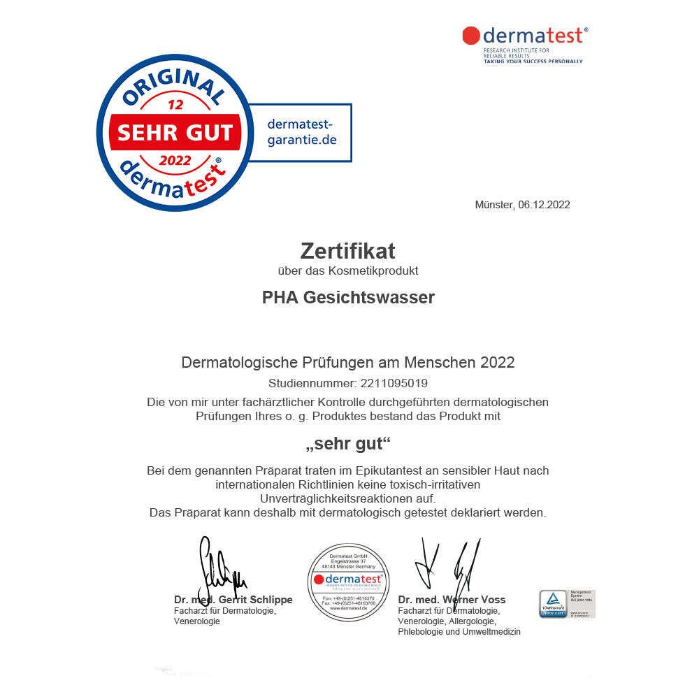 Zertifikat für PHA Gesichtswasser. Auszeichnung: dermatest, sehr gut. Unterschriften von Dr. med. Gerrit Schlippe und Dr. med. Werner Voss.