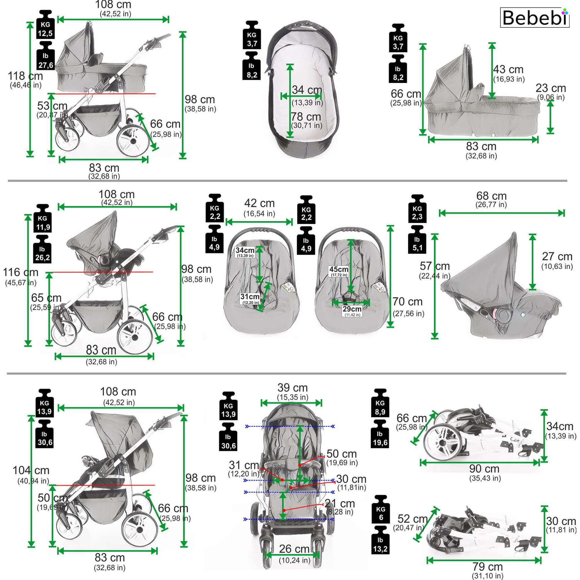 Bebebi Zürich 4 in 1 Kinderwagen Komplettset ISOFIX Basis Hartgummireifen, Zürichsee