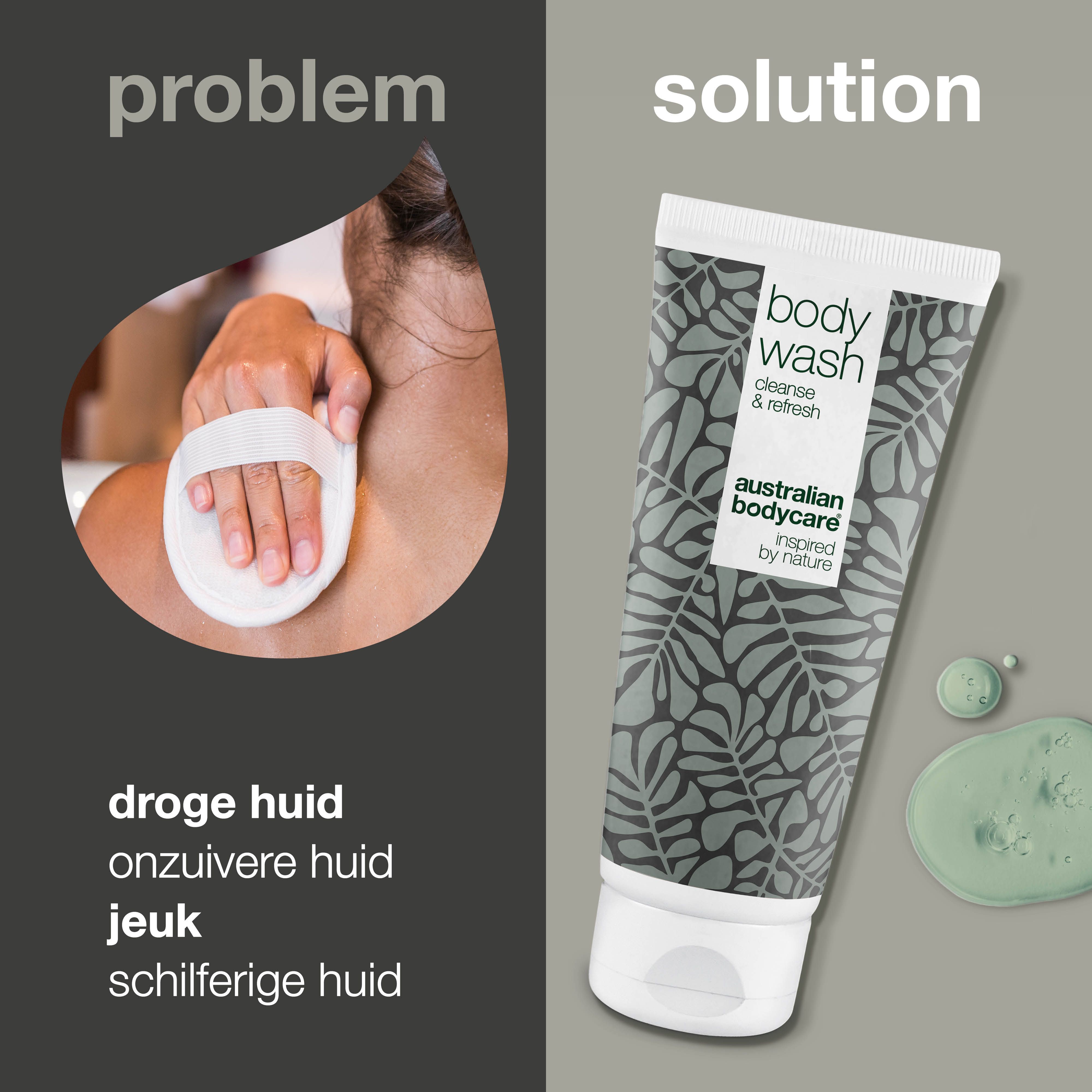 Producttube met tekst. Logo: Australian Bodycare. Tekst: body wash, cleanse & refresh. Tekst: lichaamsgeur, onzuiverheden.