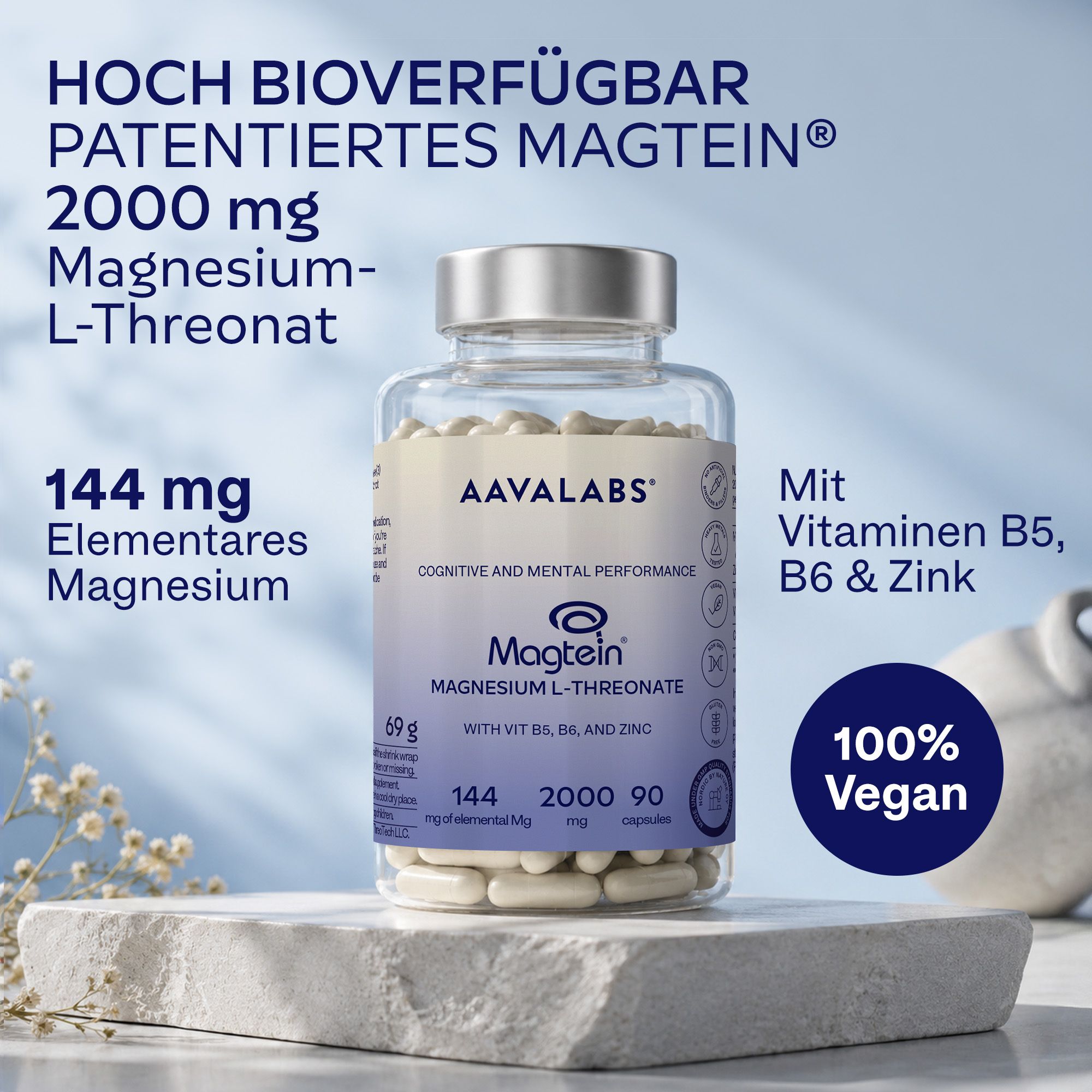 Flasche mit 90 Kapseln Magnesium-L-Threonat, 2000 mg pro Portion, 144 mg elementares Magnesium, mit Vitaminen B5, B6 & Zink. 100% Vegan.