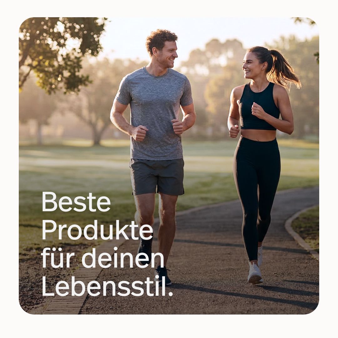 Lächelndes Paar beim Joggen im Park. "Beste Produkte für deinen Lebensstil."