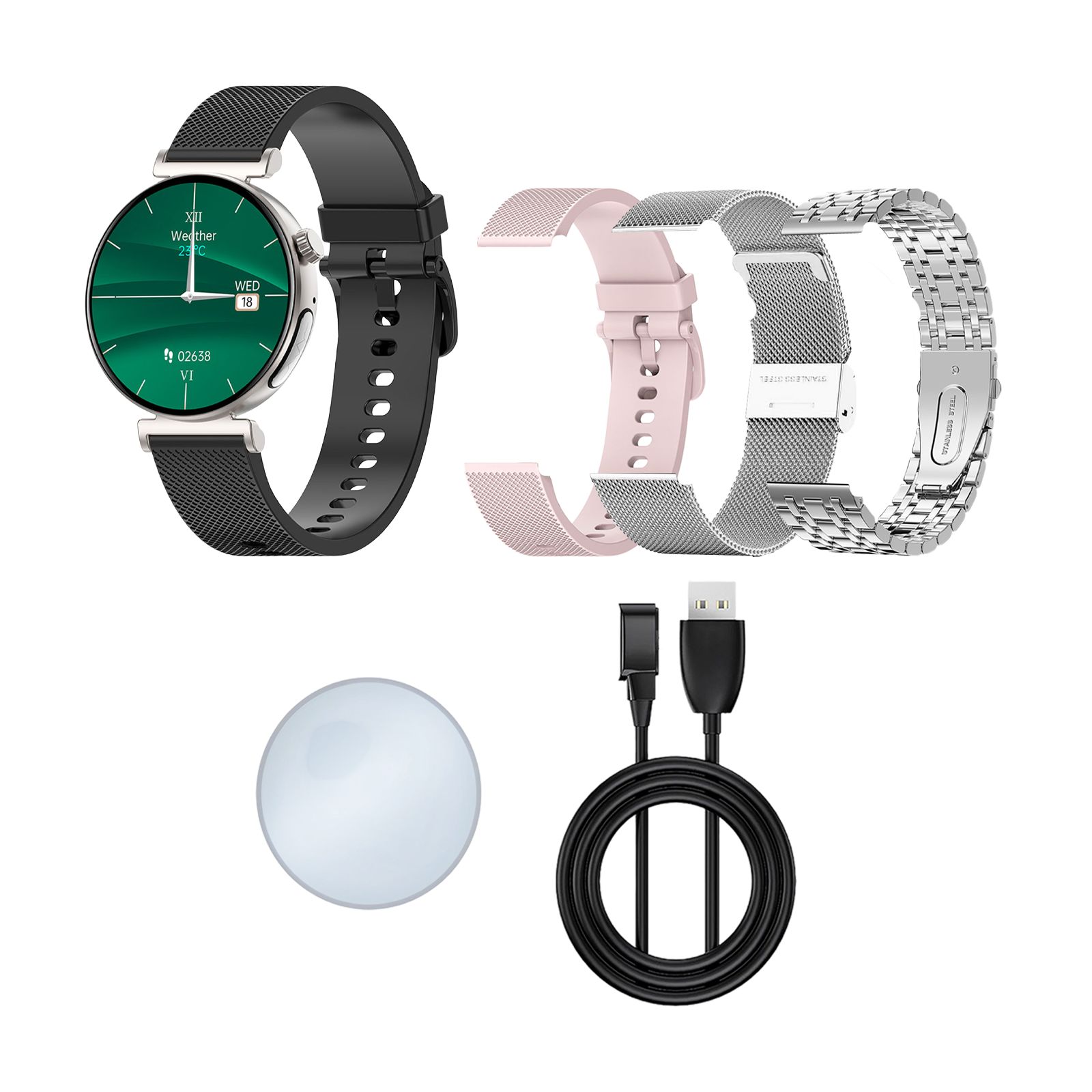 Smartwatch mit grünem Zifferblatt, schwarzem Armband. Inklusive rosa, silbernen Armbändern, Ladekabel und Ladestation.