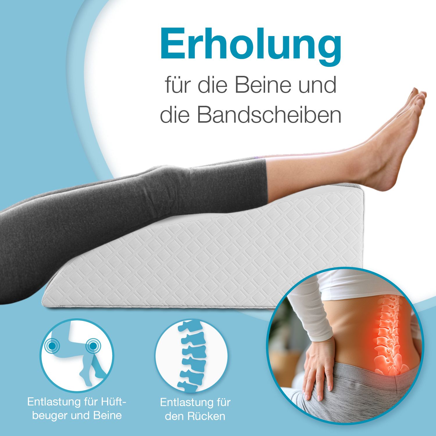 Beine auf weißem Kissen. Text: Erholung für die Beine und die Bandscheiben. Illustrationen.