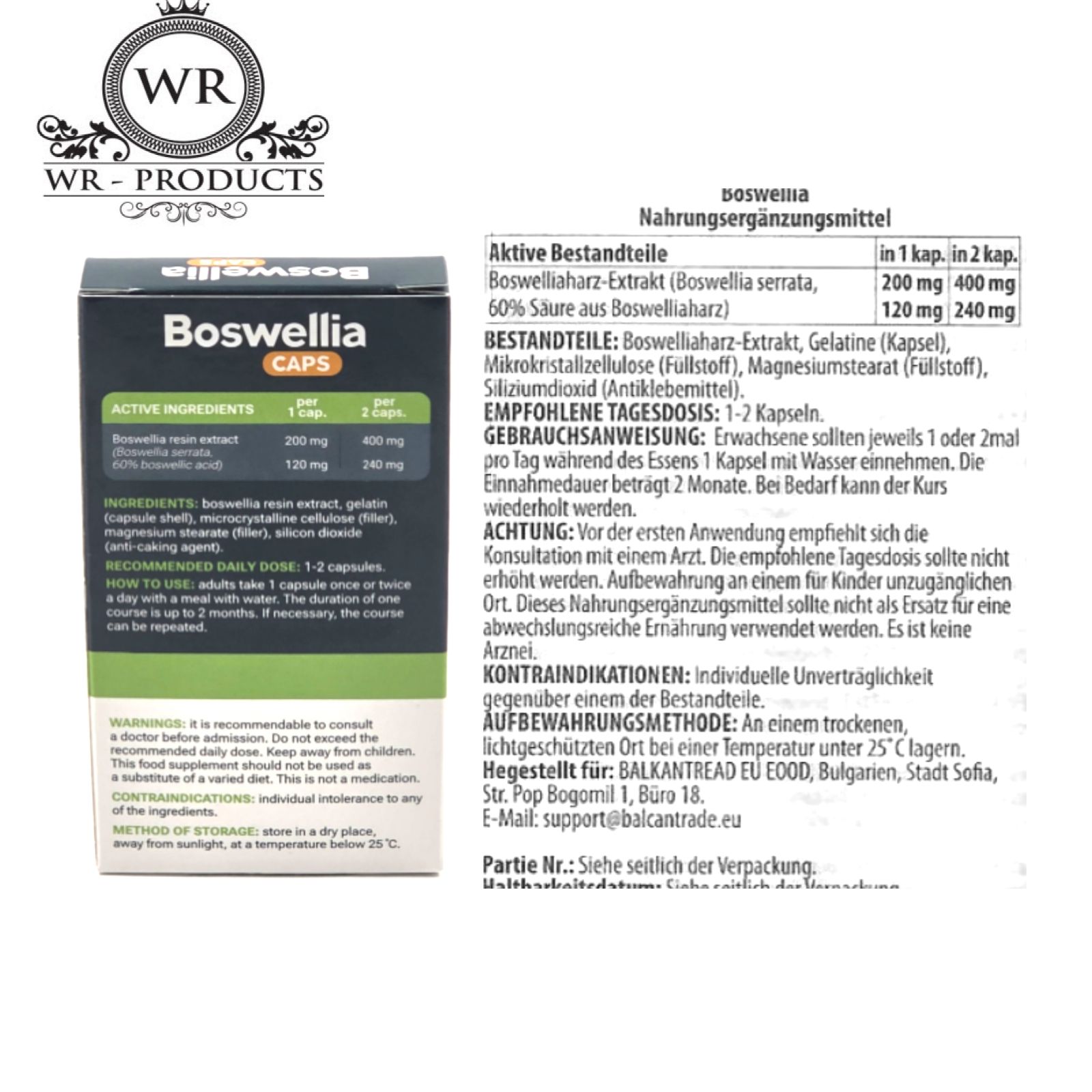 Produktverpackung mit Text und Inhaltsangaben. Enthält Informationen zu Inhaltsstoffen und Dosierung. Marke "WR-PRODUCTS" sichtbar.