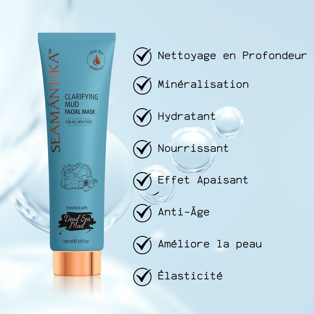 Tube bleu turquoise. Inscription : SEAMANTIKA, Clarifying Mud Facial Mask. Avec symboles de contrôle et textes en français.