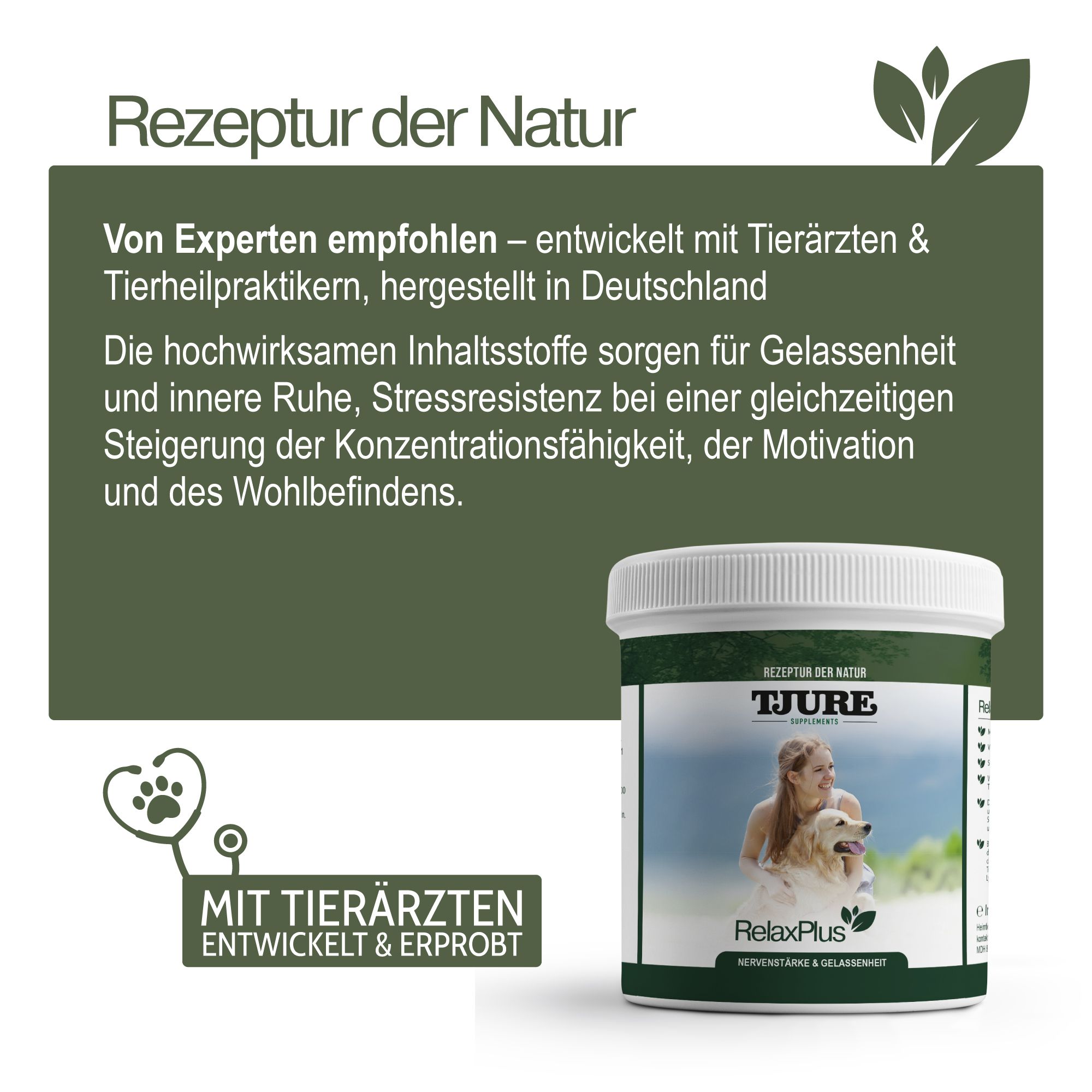 Produktglas mit grünem Etikett. Text: Von Experten empfohlen, hergestellt in Deutschland. Mit Tierärzten entwickelt & erprobt.