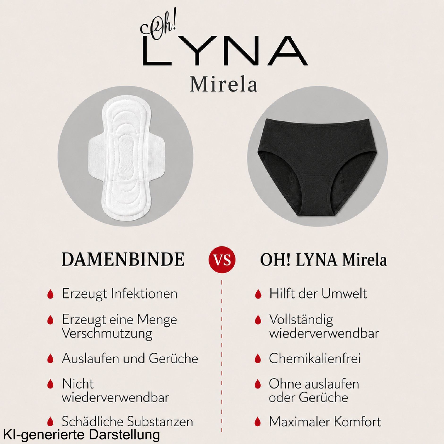 Vergleich von Damenbinde und Oh! LYNA Mirela Periodenunterhose.