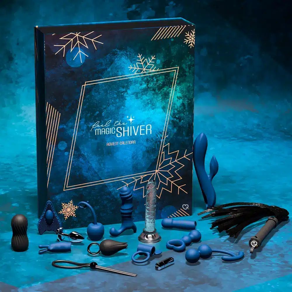 Adventskalender mit blauen und schwarzen Sexspielzeugen. Aufschrift: Feel the Magic Shiver. Verschiedene Formen und Größen.