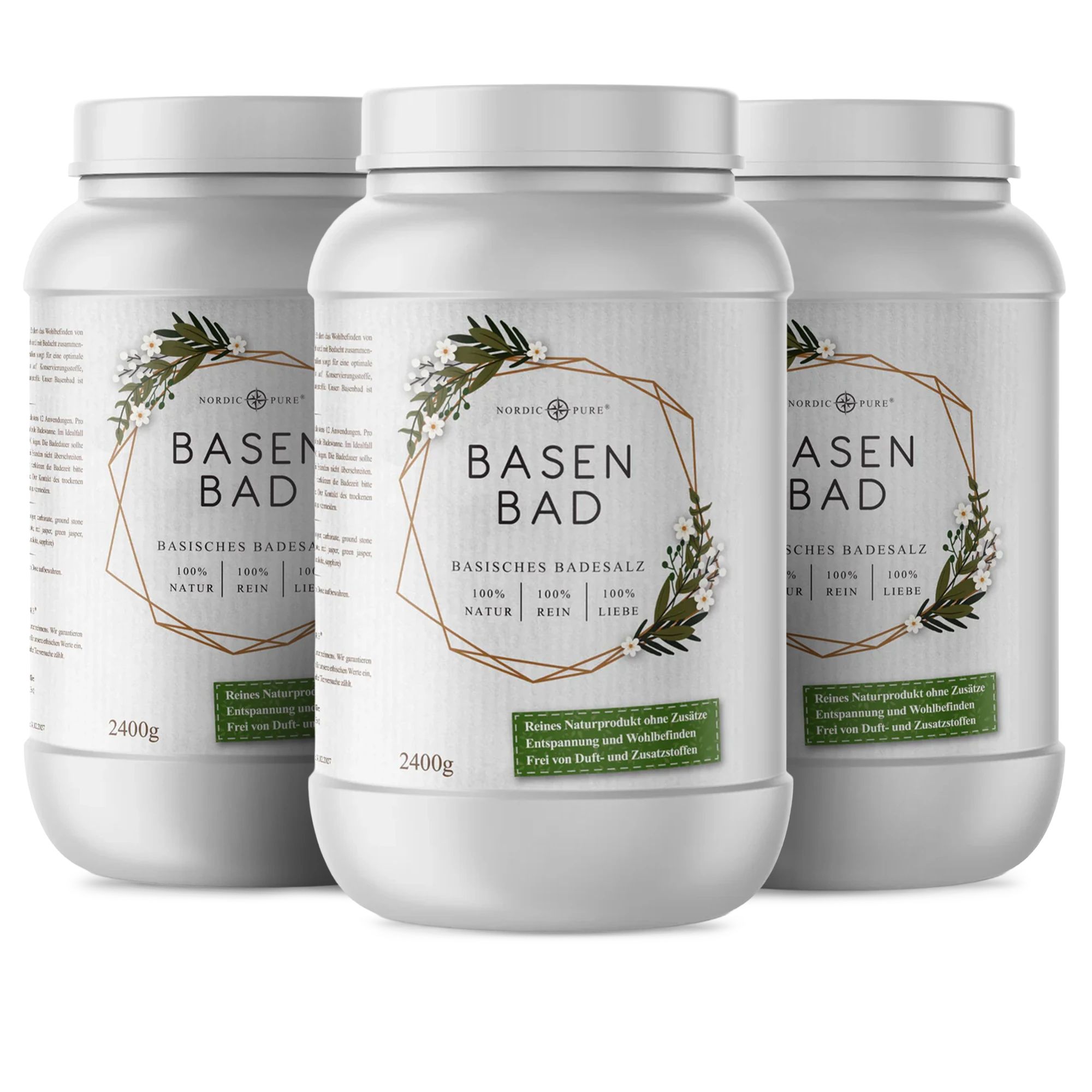 Drei weiße Produktgebinde mit Etikett. Text: Basen Bad, 2400g, 100% Natur, rein, liebe. Grüner Aufkleber: Ohne Zusätze.