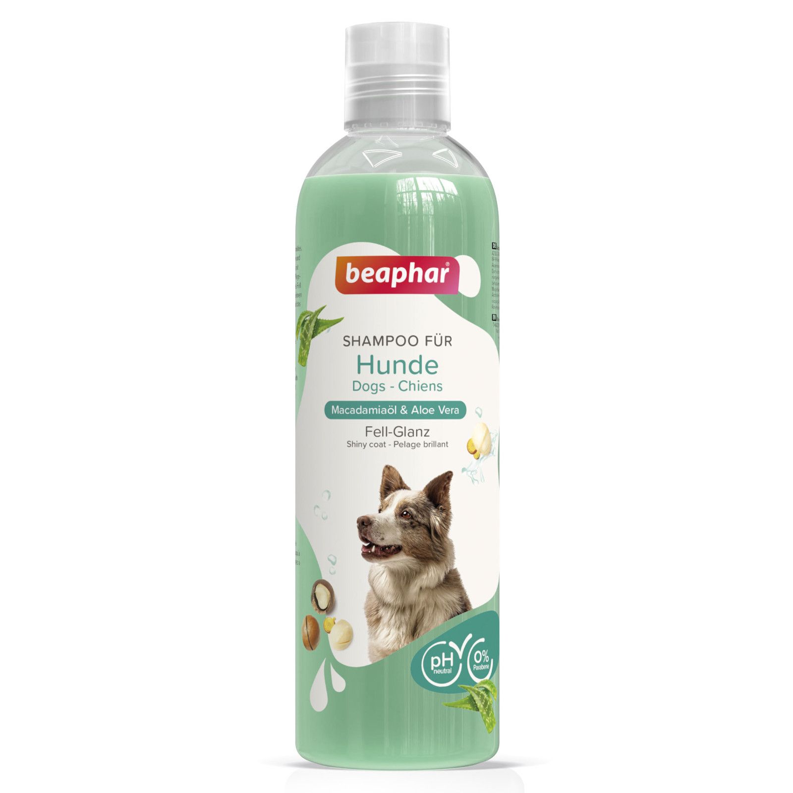 Beaphar Hunde Shampoo Flasche. Text: Shampoo für Hunde, Fell-Glanz, Macadamiaöl & Aloe Vera. pH-neutral, 0% Parabene.