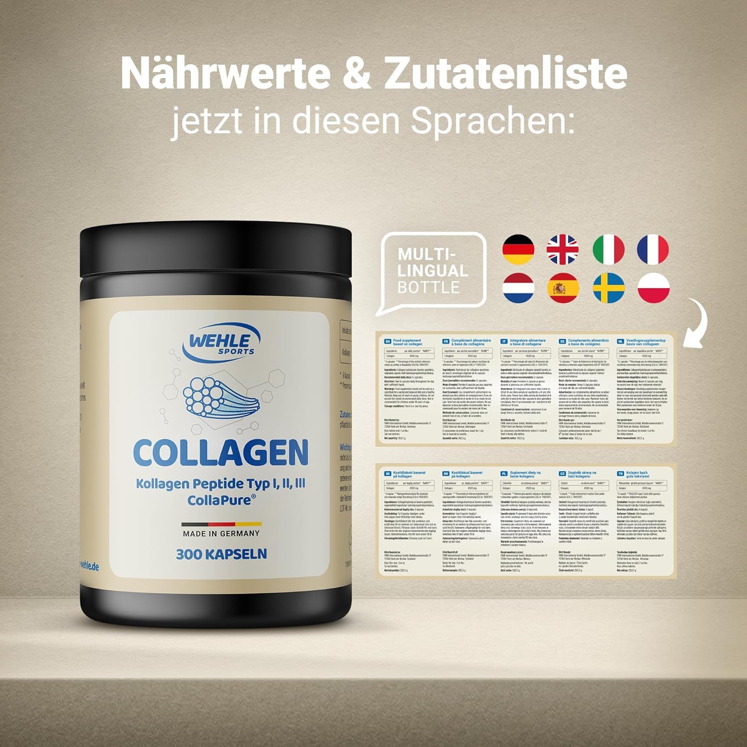 Kollagen Kapseln 4500mg pro Tagesdosis reine Collagen Hydrolisat Peptide von Wehle Sports