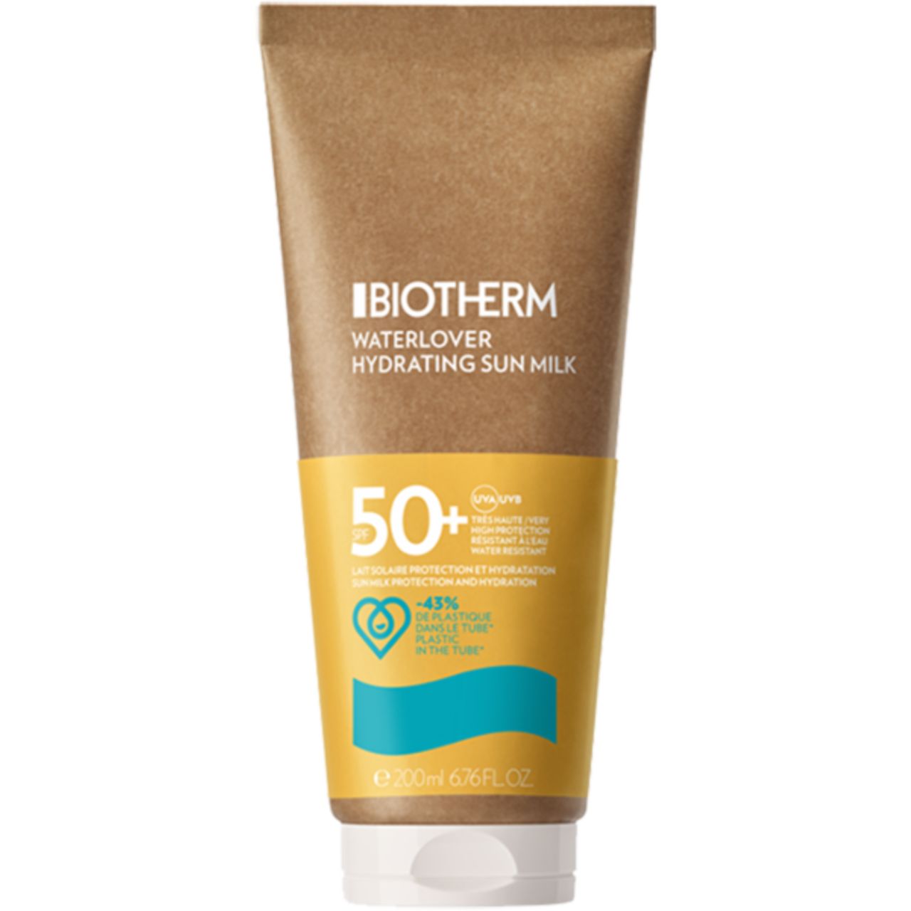 Sonnenmilch-Tube. Gelbe Tube mit blauem Wellenmuster. Text: Waterlover Hydrating Sun Milk LSF50. 200ml.