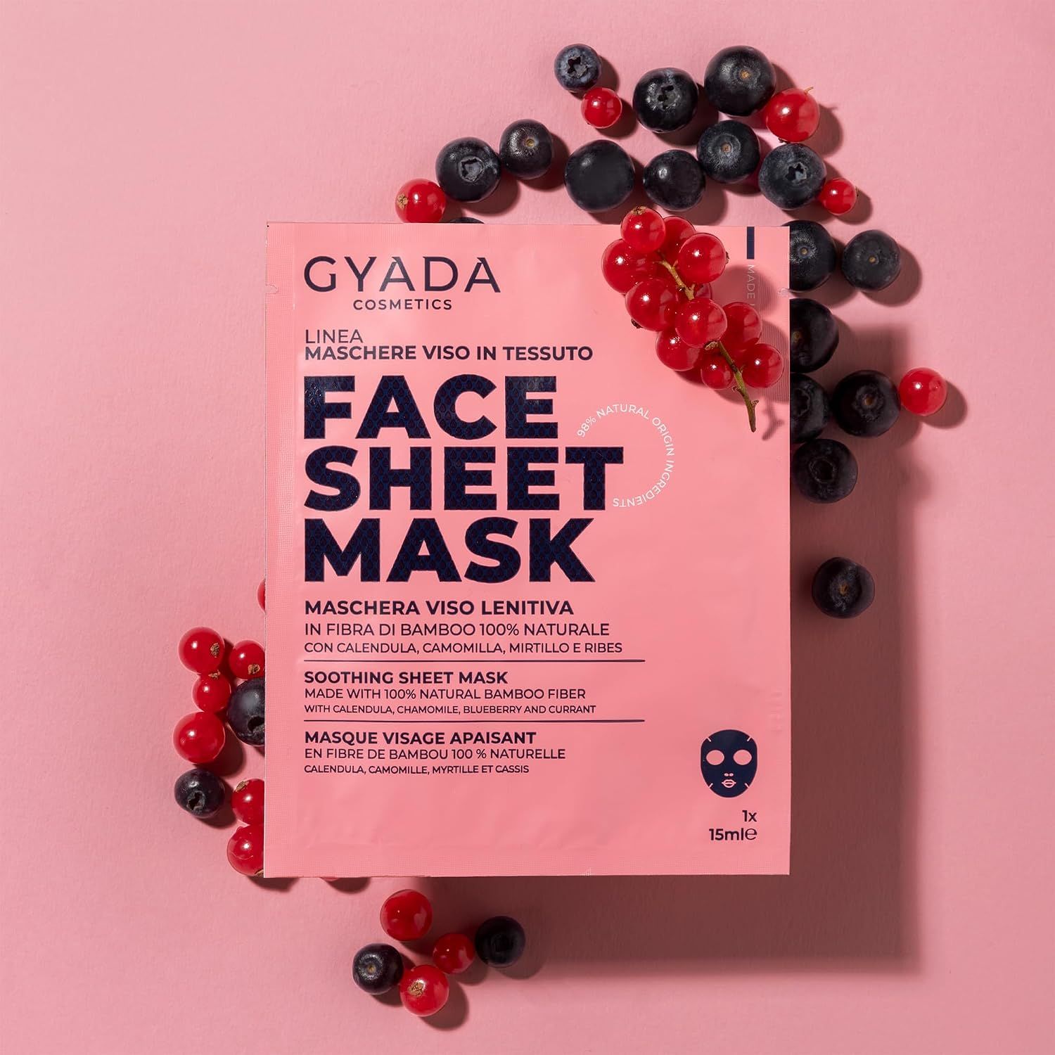 GYADA COSMETICS Gesichtsmaske aus 100% natürlicher Bambusfaser, beruhigend, mit Calendula, Kamille, Heidelbeere und Rispen.