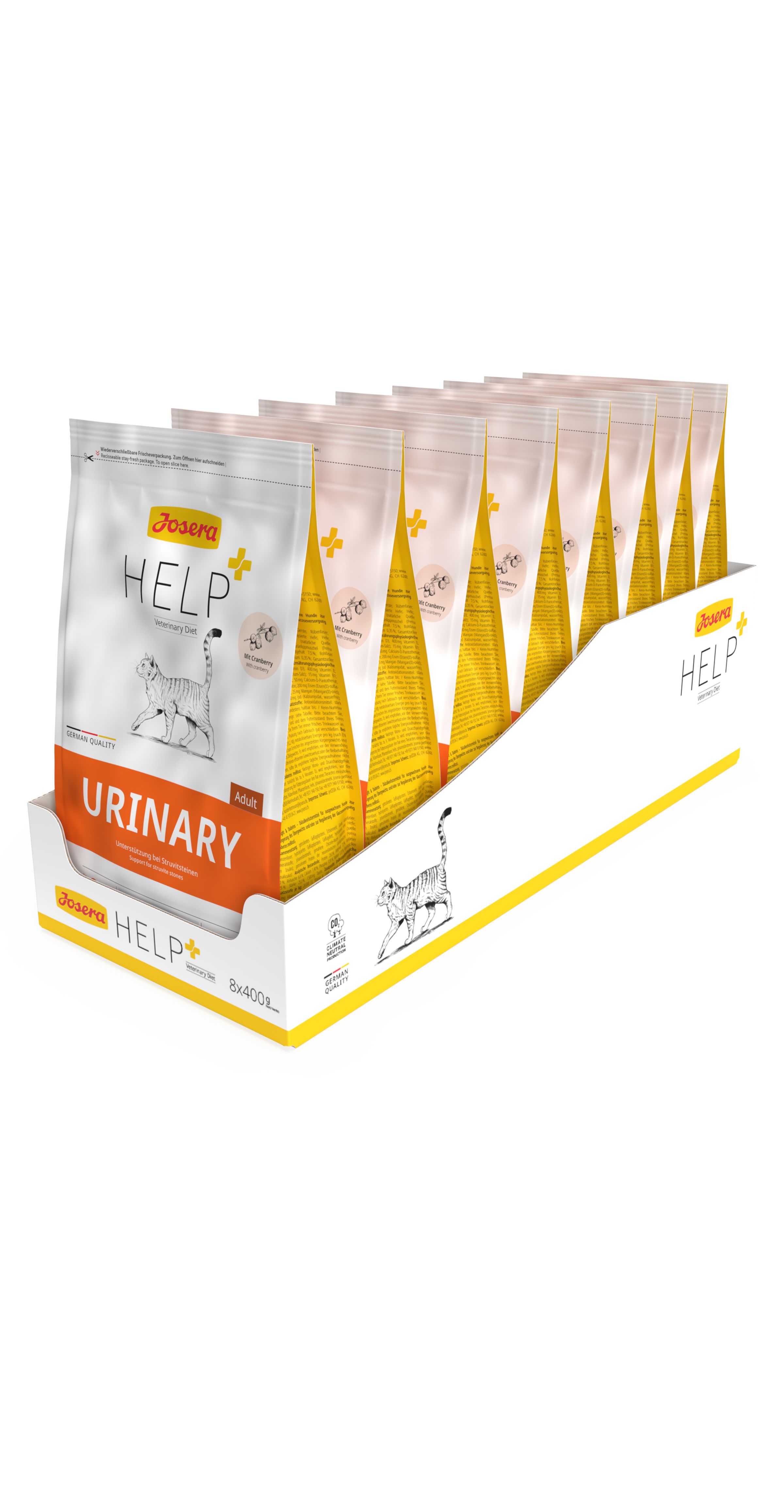 Packung mit 8x400g Josera Help Urinary Adult Katzenfutter in einem Display.