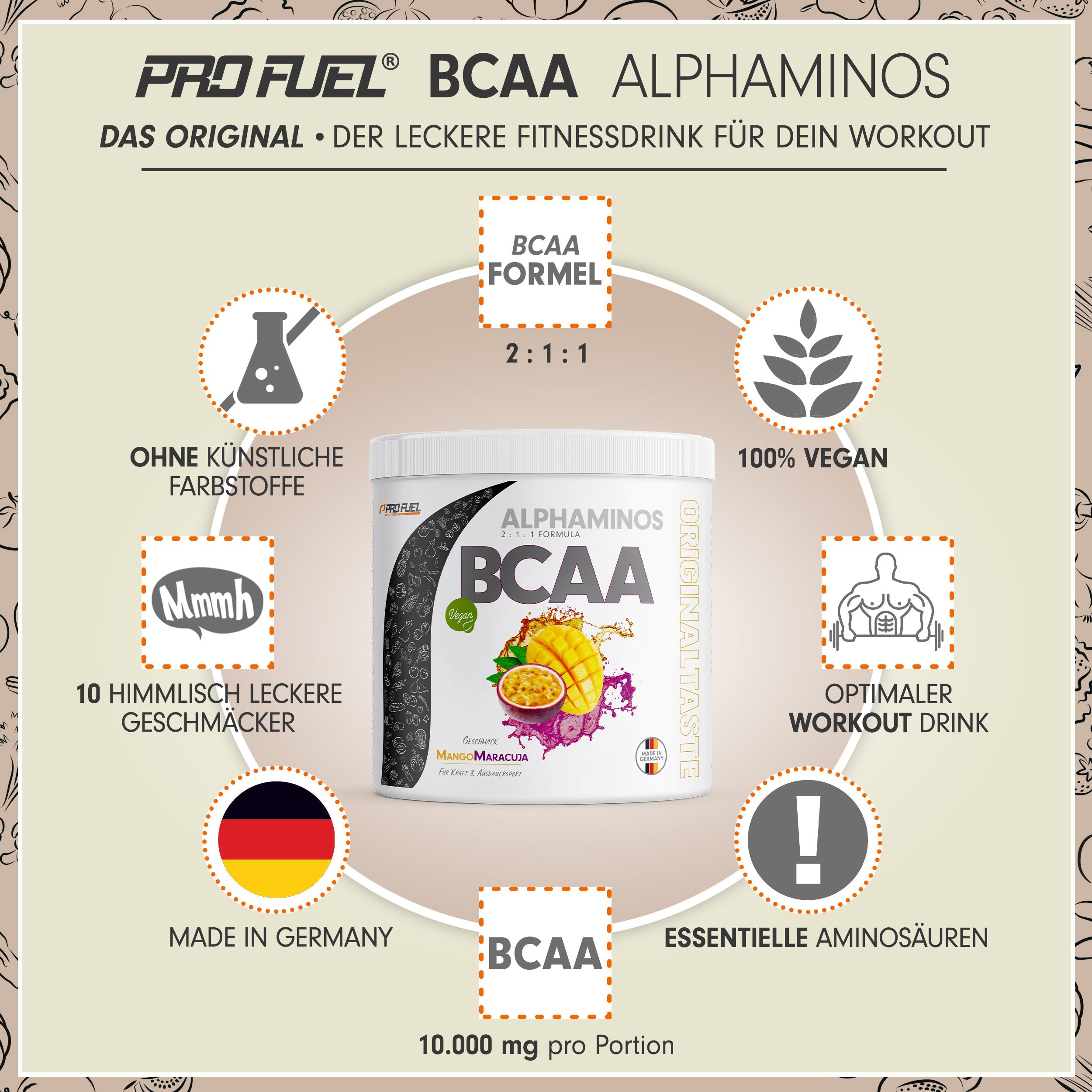 Werbebild mit BCAA-Pulver-Behälter. Text: BCAA Formel 2:1:1, 100% Vegan, Made in Germany, 10.000 mg pro Portion.
