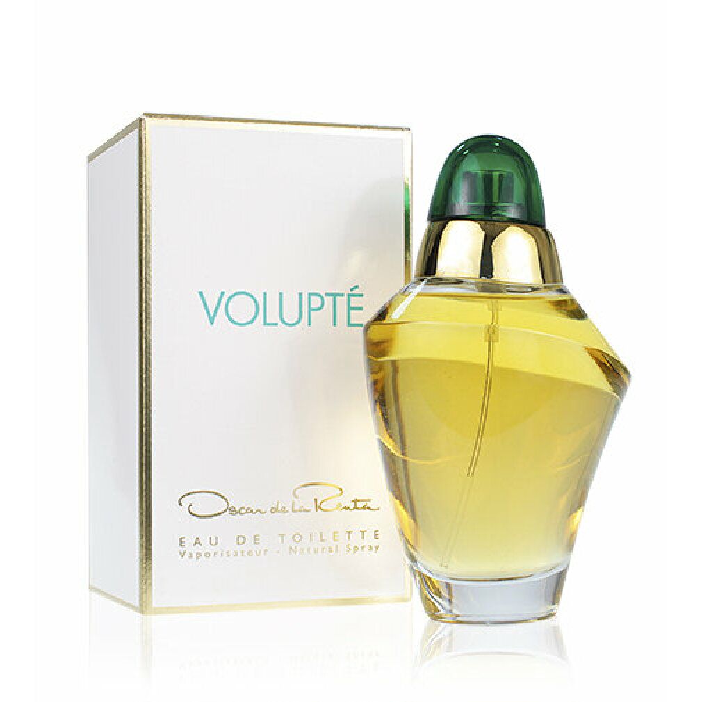 Parfümflakon und Schachtel. Flakon mit gelber Flüssigkeit, grünem Deckel. Schachtel mit "VOLUPTÉ" und "Oscar de la Renta".